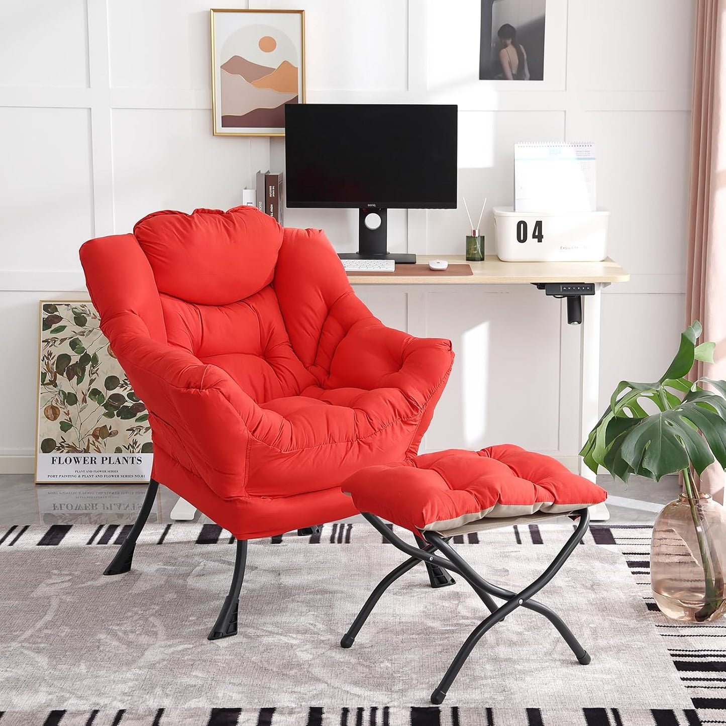 Lazy Chair with Ottoman, Modern Accent Chair Contemporary Lounge Leisure Sofa Chair with Armrests, Reading Chair and Folding Footstool Set for Living Room, Bedroom, Office, Red