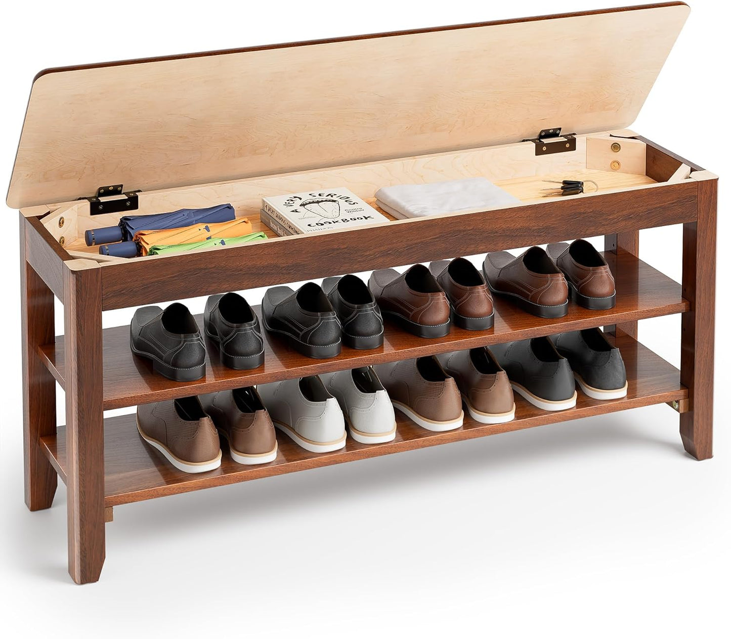 Shoe Storage Bench for Entryway - 3 Tier Shoe Rack for Front Door Entrance, Rubberwood Show Rack, Height Adjustable Entryway Bench with Shoe Storage for Any Room (Walnut, 39.4" W)