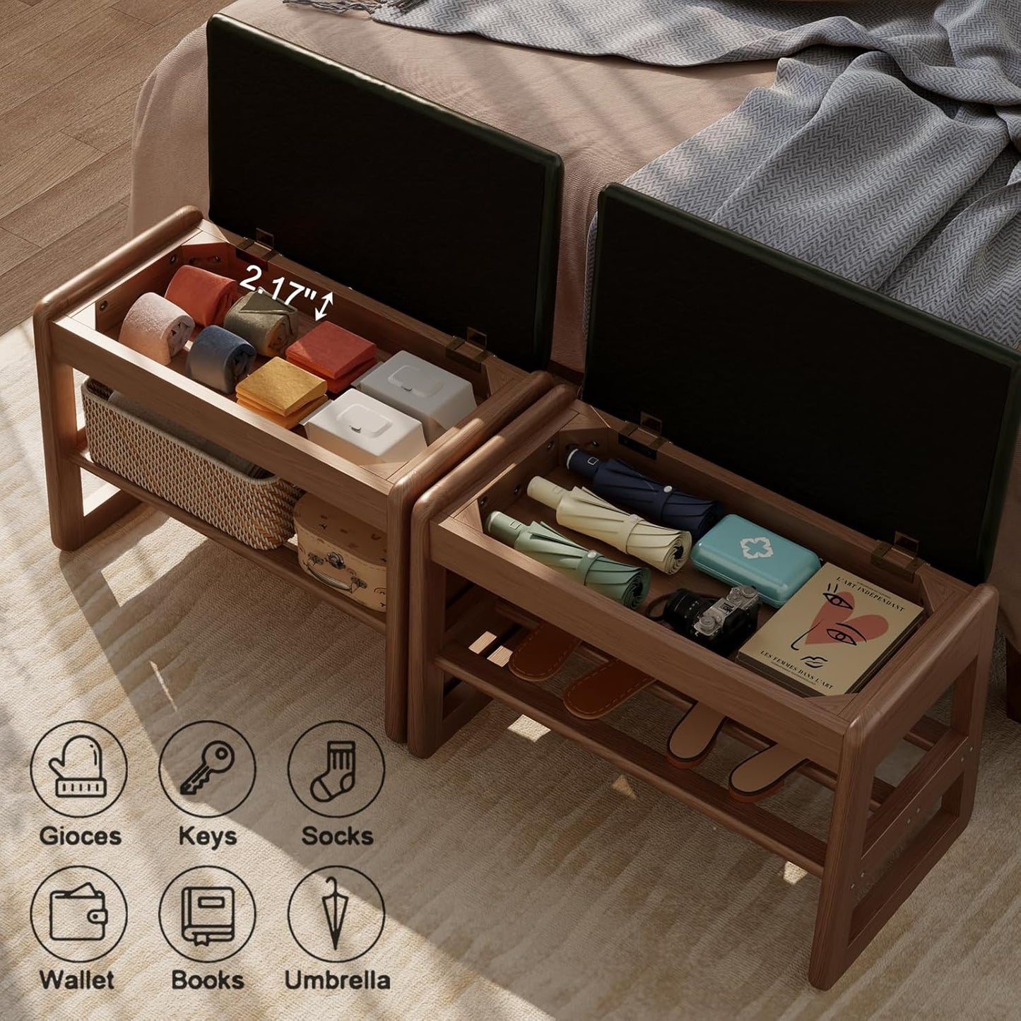 Small Shoe Bench with Leather Cushion,2 Tiers Shoe Rack Bench with Flip-Top Storage,Wood Shoe Rack for Entryway（Green,23.62"