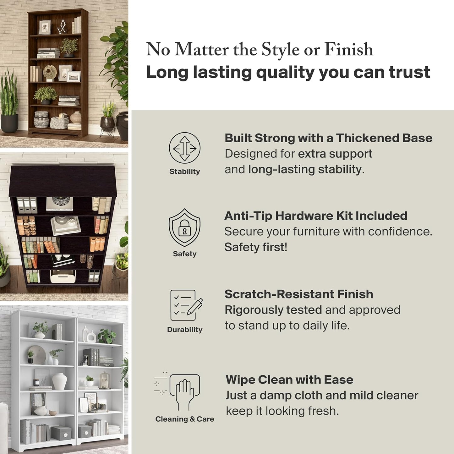 Bush Furniture Tall 5 Shelf Bookcase, Large Open Bookshelf, Sturdy Display Cabinet for Living Room or Home Office, Cabot Collection, Reclaimed Pine