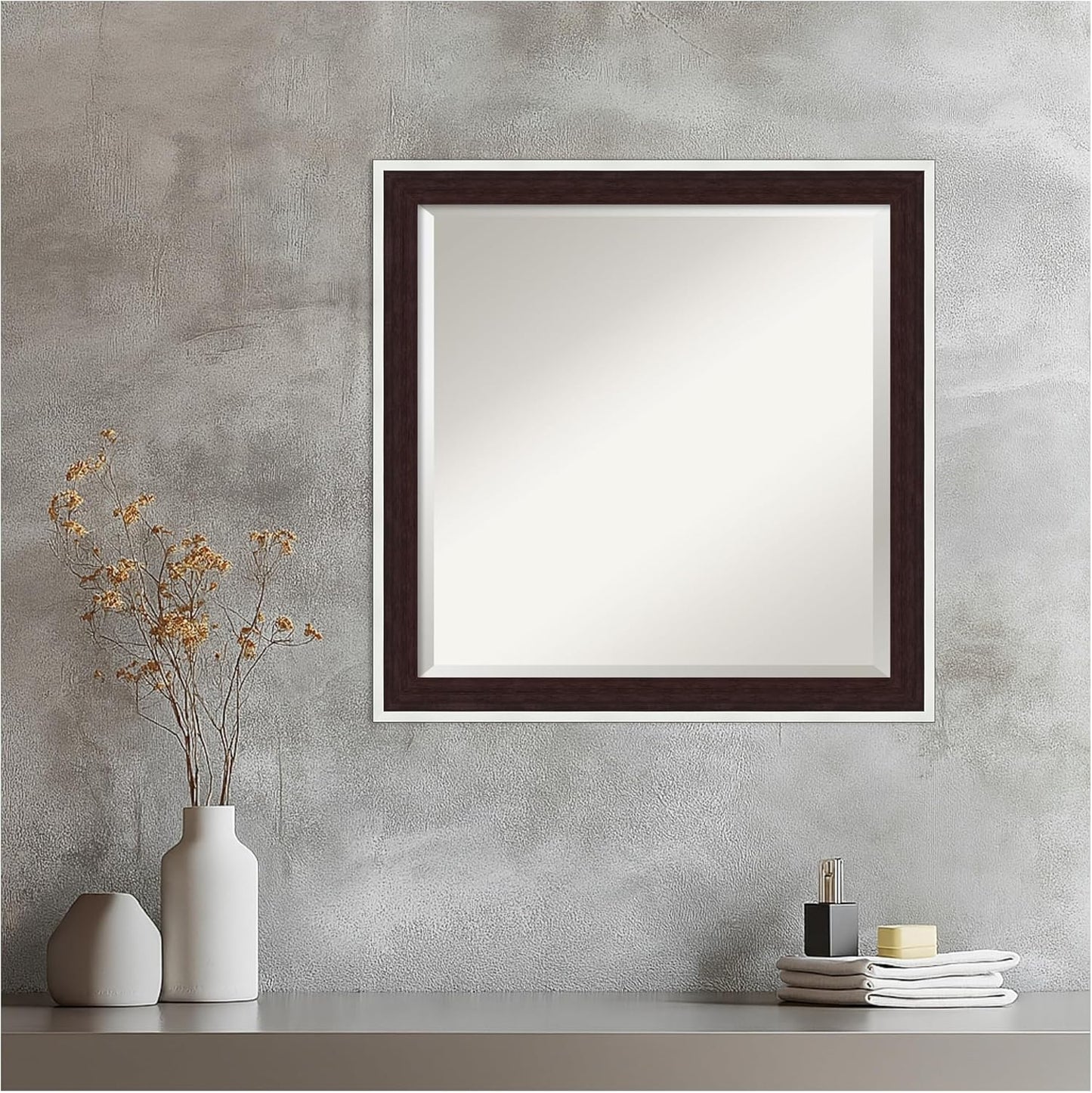 Amanti Art Wall Mirror 23x23 Maya Espresso Silver Square Bathroom Mirror for Wall Decor Living Room, Medium Modern Contemporary Frame, Hangs Horizonally and Vertically, Bathroom Decor, Beveled Edge