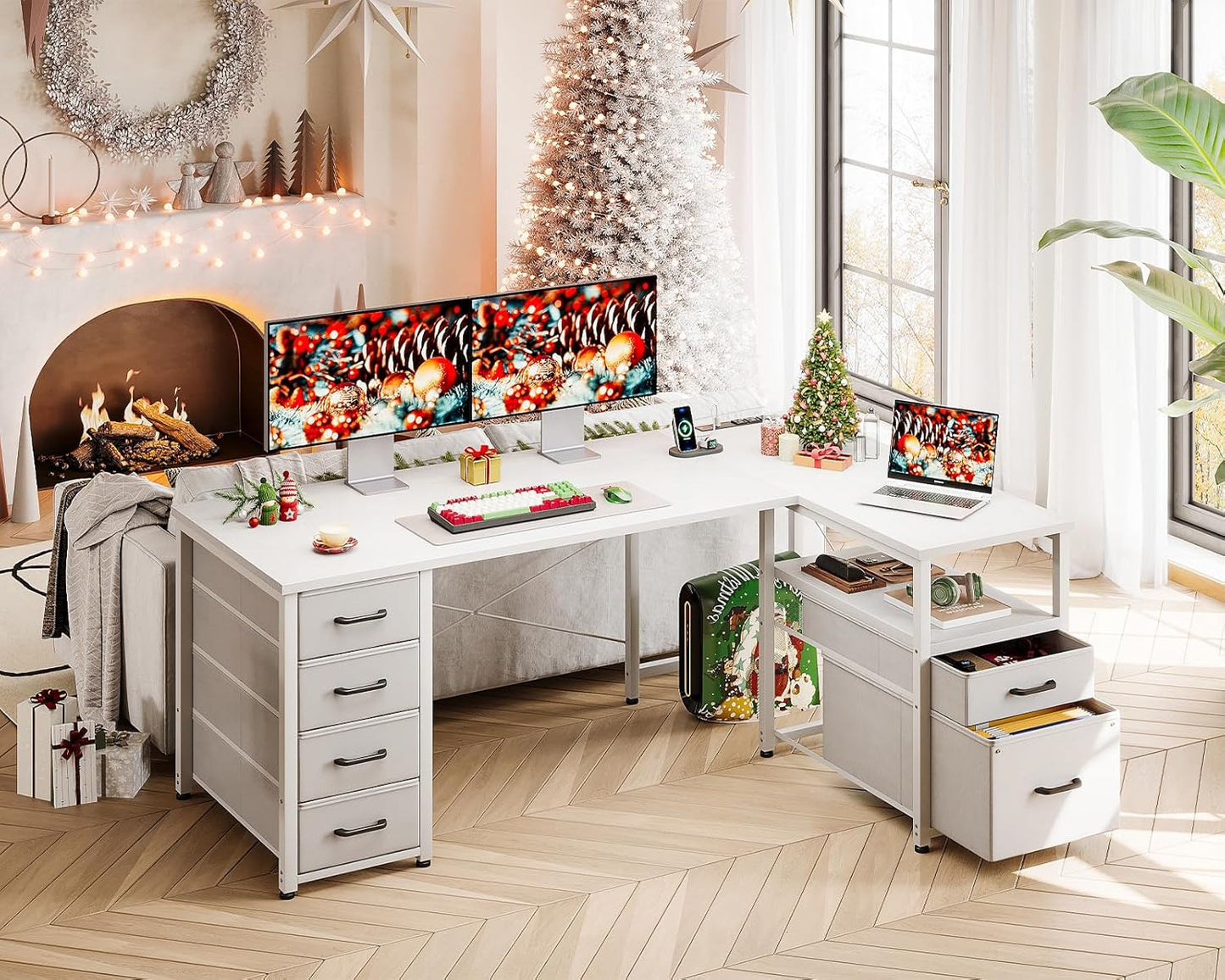 Coleshome L Shaped Computer Desk with 6 Drawers & Power Outlet, 55 Inch Corner Desk with Reversible Storage Shelf & File Drawer, Home Office Desk, White