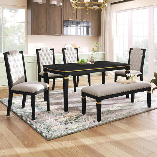 Ball & Cast Dining Table Set for 6,Kitchen Table W/ 4 High-Back Tufted Chairs & 1 Bench,6 Piece Dining Room Table Set W/ 60" Rectangular Table,for Kitchen, Living Room,Black