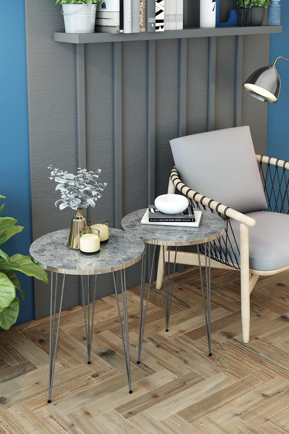 PAK HOME Set of 2 End Tables Round Wood Sofa Side Coffee Tables for Small Spaces, Nightstand Bedside Table with Metal Legs for Bedroom, Living Room, Office (Grey Marble High Gloss/Silver Legs)