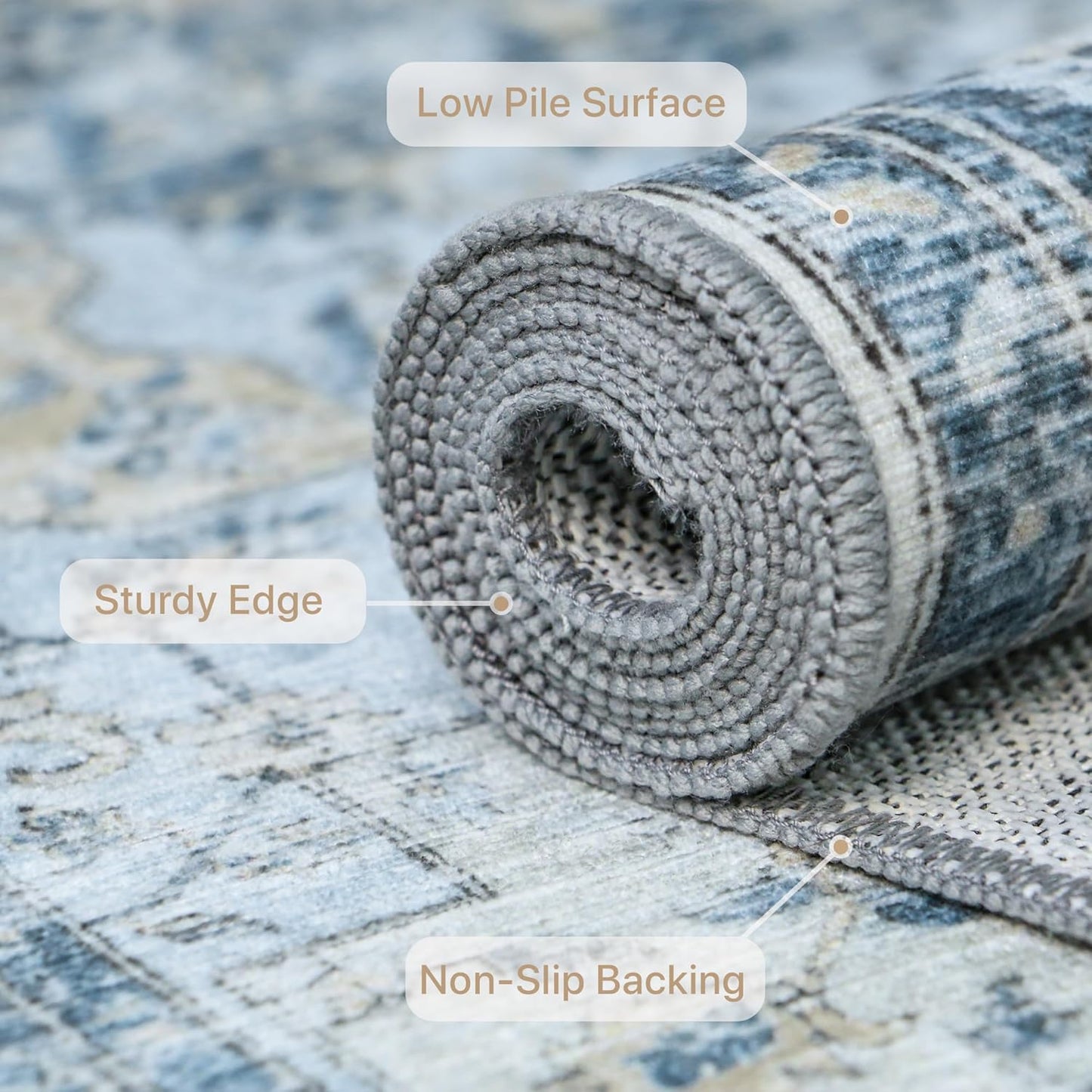 GENIMO 10x14 Area Rugs for Living Room, Machine Washable Rug, Non Slip Vintage Rugs, Low Pile Lightweight Chenille Print Rug for Bedroom, Dining Room, Home Office, Blue