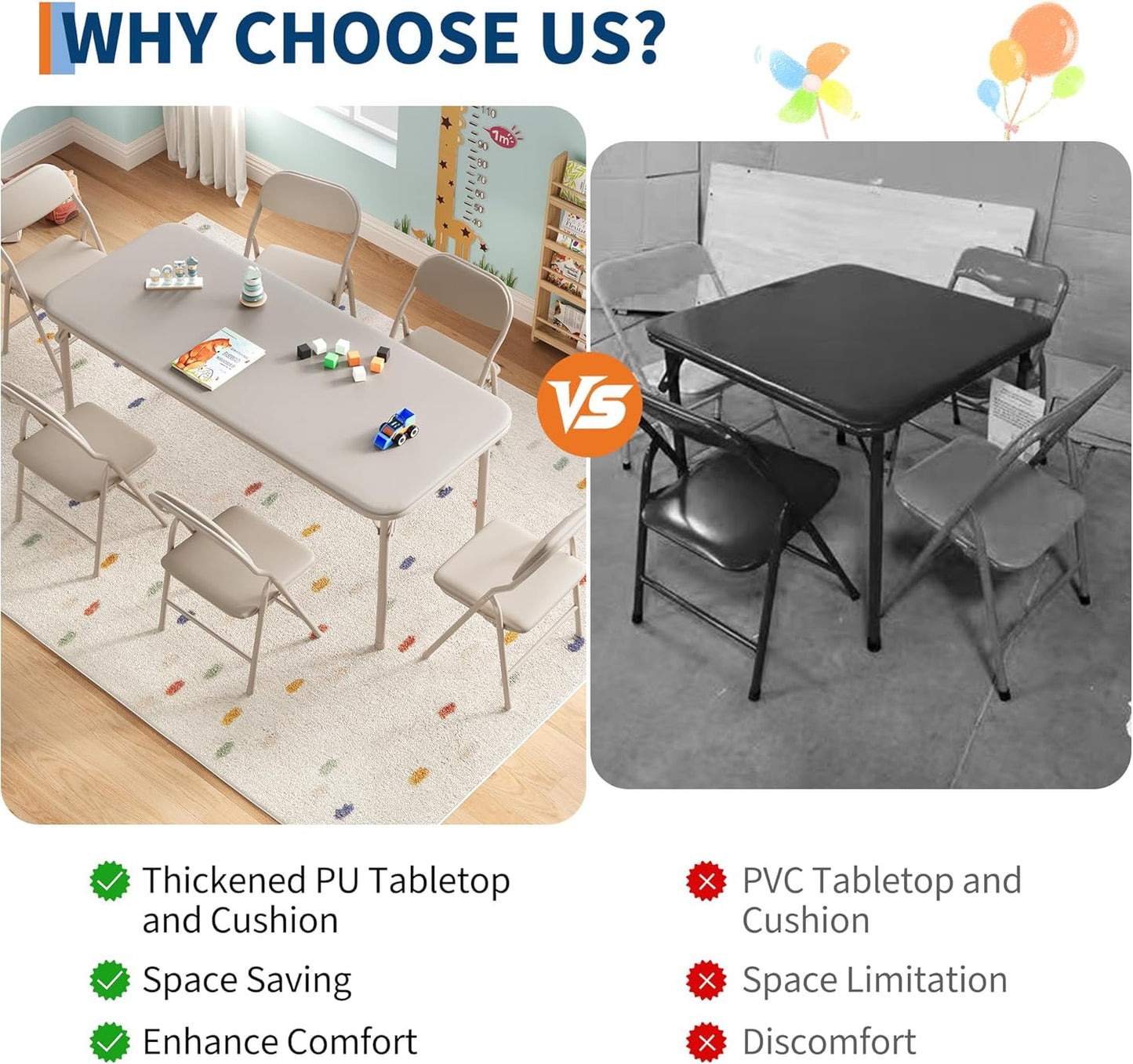 IDEALHOUSE 7 Piece Folding Kids Table and Chairs Set, Children Activity Table and Chairs Set for Dining Room,Daycare,Classrooms