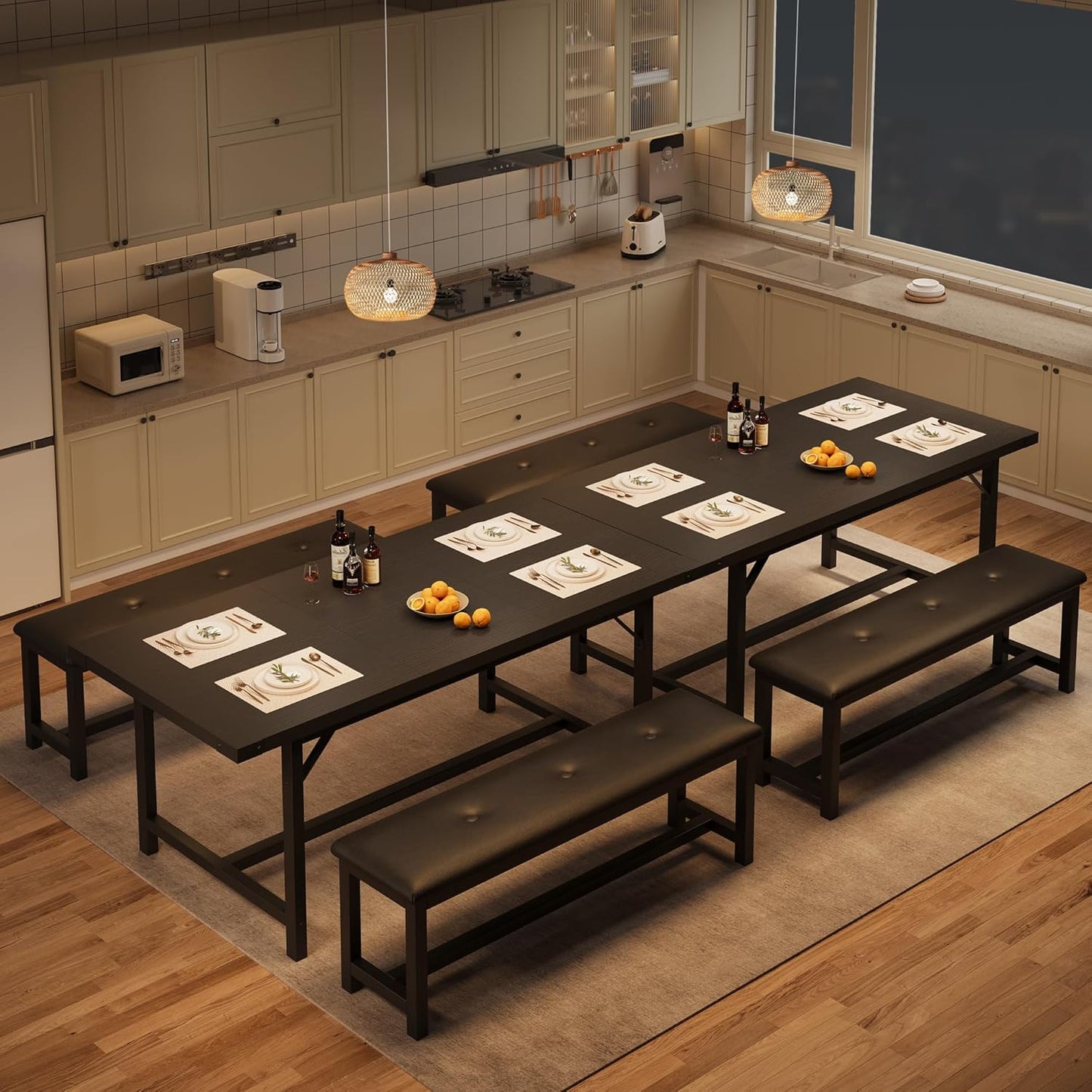 GarveeHome Dining Table Set for 4-6, 63" Extendable Wood Dining Room Table with Corner Protector & 2 Upholstered Benches, Kitchen Table Set for Apartment, Small Space, Easy Assembly, Retro Black