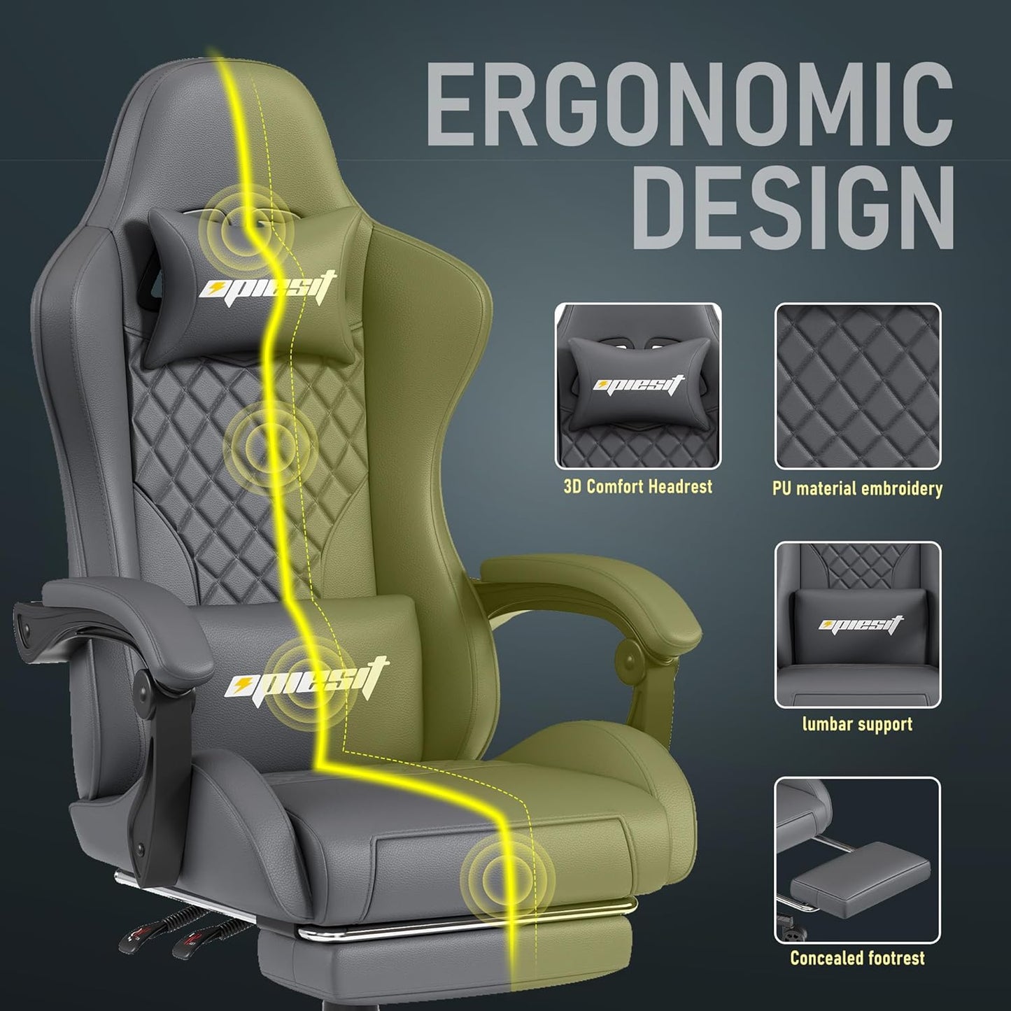 Gaming Chair Office Chair with Footrest, Height Adjustable, Ergonomic Computer Chairs with Pocket Spring Cushion, PU Leather,Video Game Chair 360° Swive,(PU-Grey)