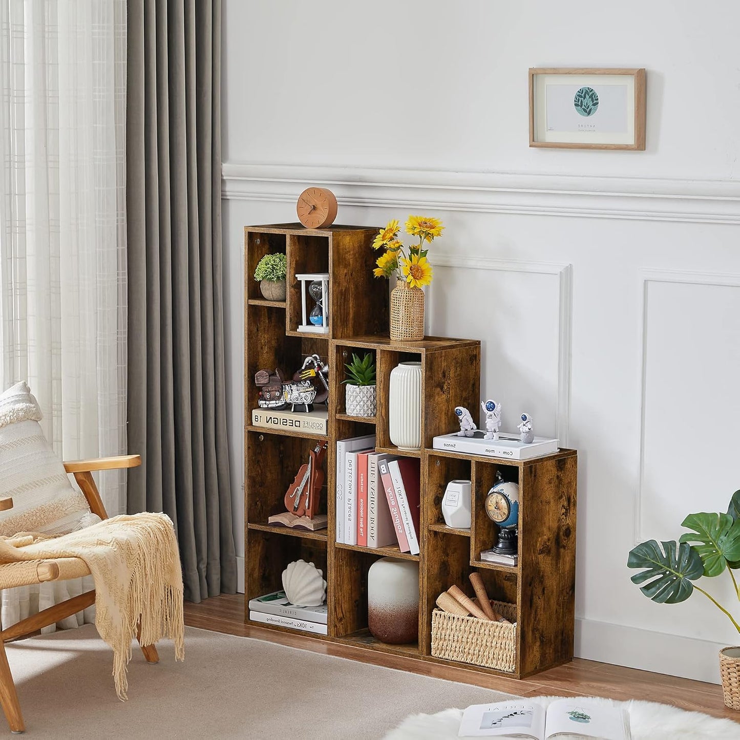 VECELO Small Bookshelf, 3 Cube Shelf, Fits Tallest Hardcovers, Horizontal Available, Modern Storage Organzier for Small Spaces, Vintage Brown