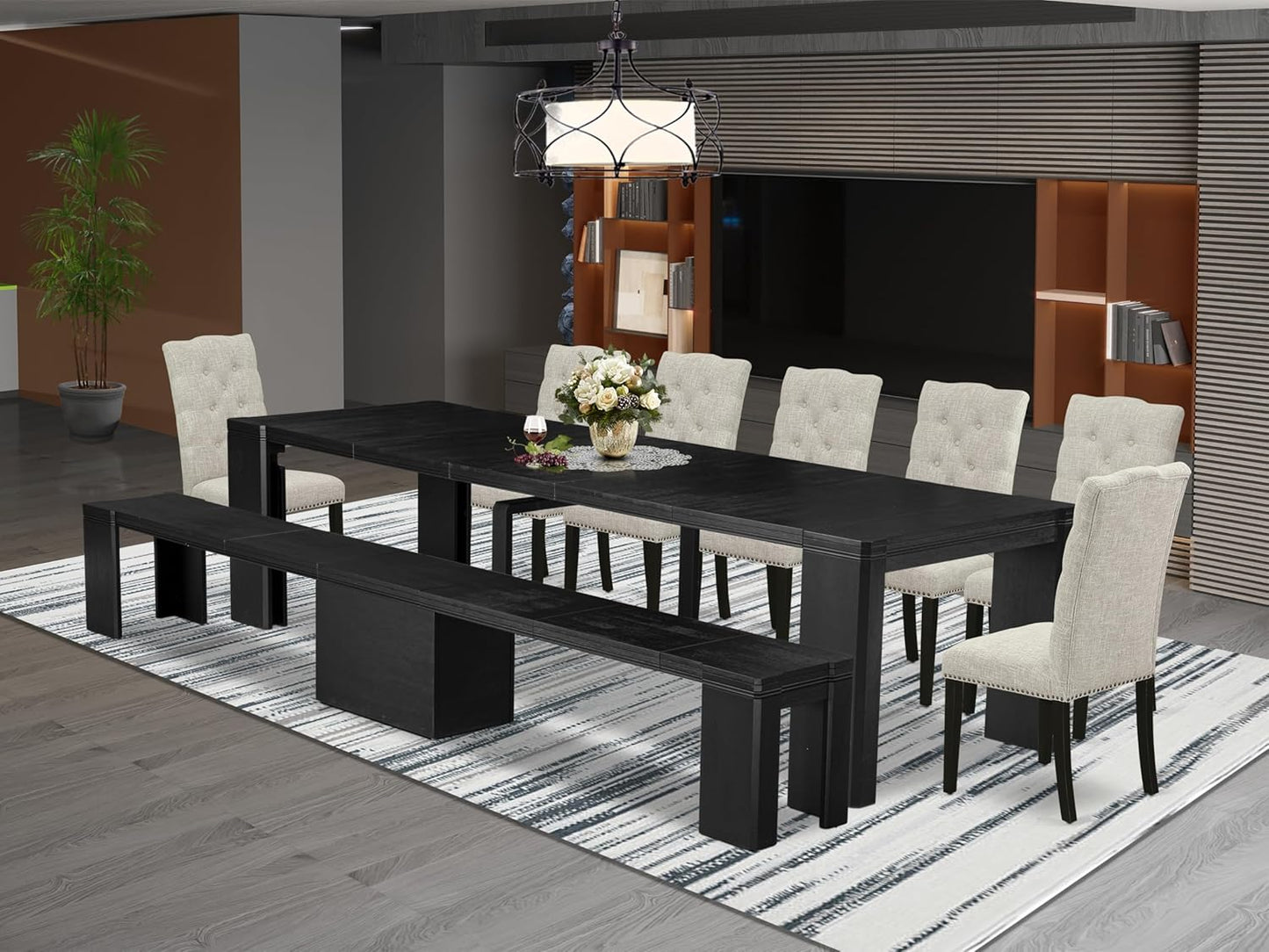 X07EL-B06-35 - 9-piece Dining Room Table Set a Rectangular Kitchen Table with a wooden Bench and 7 Doeskin Linen Fabric Dining Chair, 39x120 Inch, Wire Brushed Black