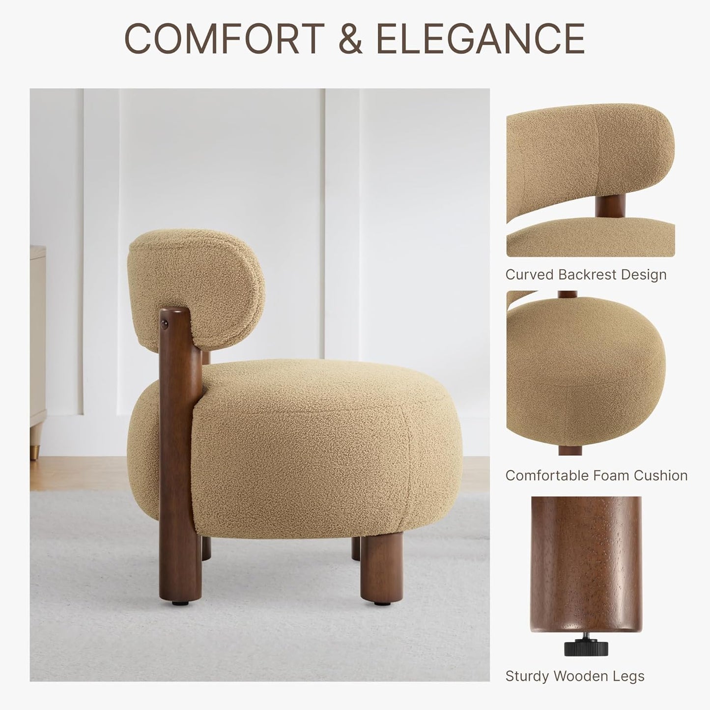 Modern Boucle Accent Chair Set of 2, with Plush Faux Sherpa Upholstery, Curved Backrest, Solid Wood Legs for Living Room Bedroom Reading Nook, 27.5", Camel