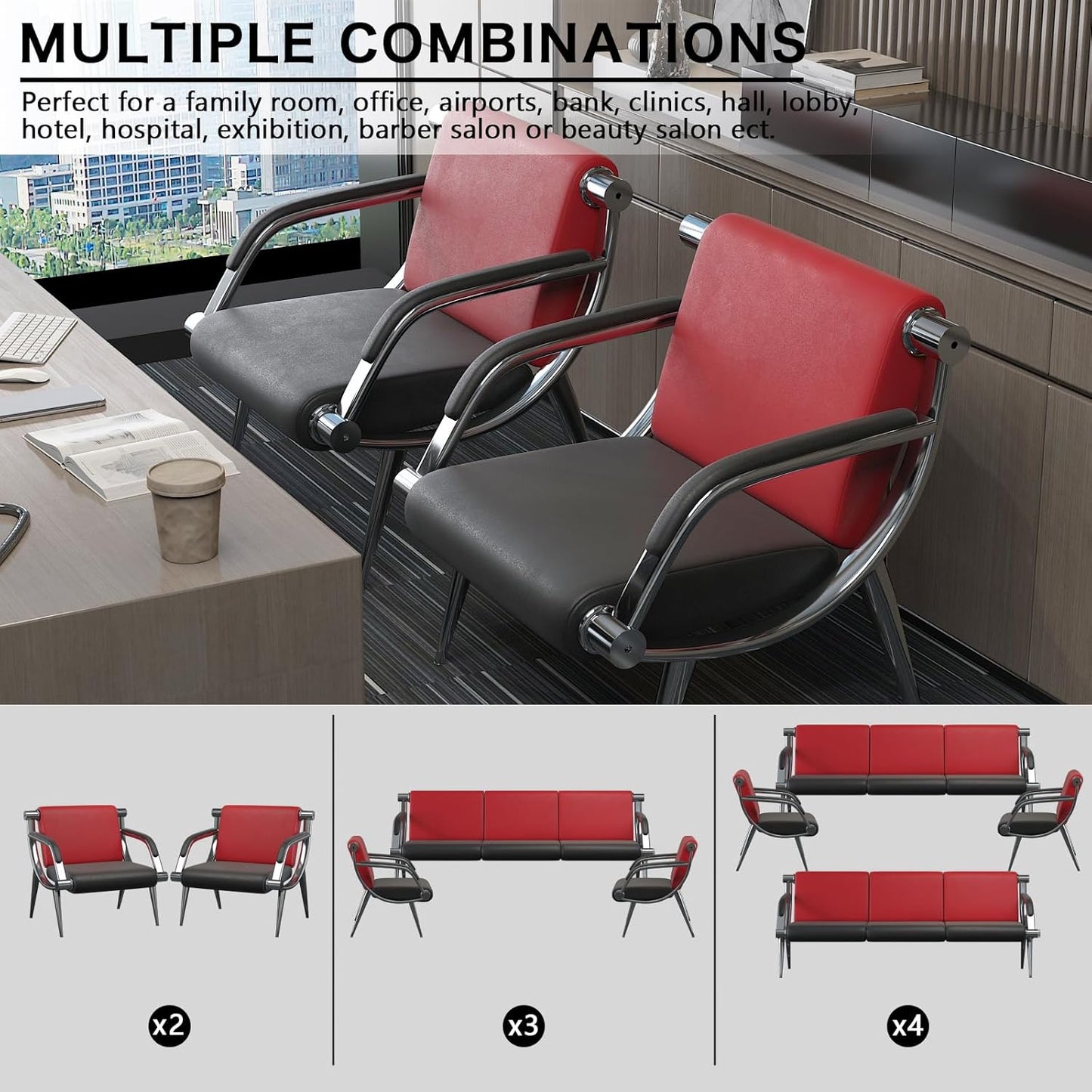 wonline 3 Seat Waiting Room Chair with Armrest PU Leather Office Furniture, Office Guest Seating Lobby Conference Reception Chairs for Airport Clinic Hospital Bank Salon Barber(Red&Black)
