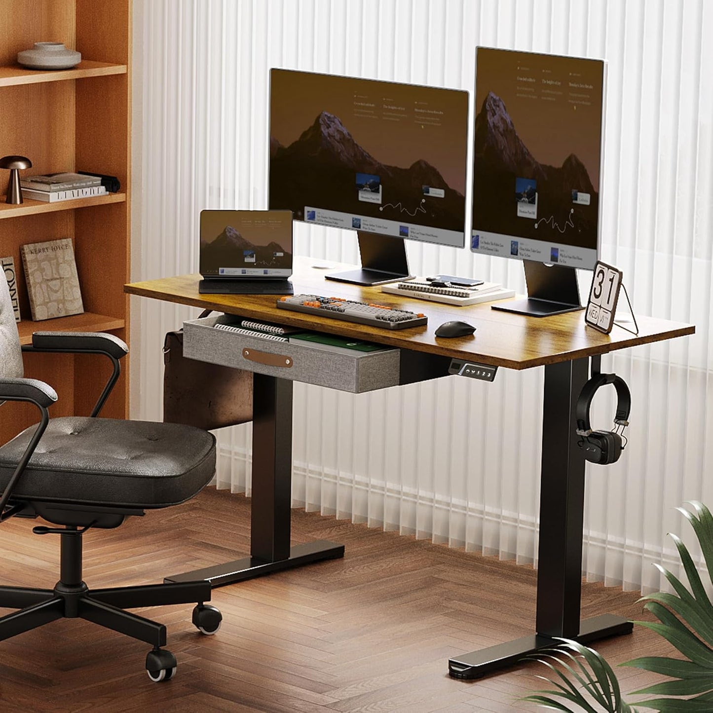 Seang Standing Desk with Drawer, 48" x 24" Height Adjustable Stand Up Desk, 3 Memory Height Settings with Cable Grommets & Storage Hooks, Ideal for Home & Office, Rustic Brown