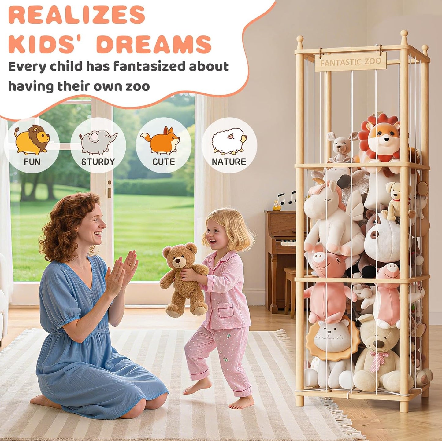 TOPMELON Stuffed Animal Zoo Storage, 16.8″ x 16.8″ x 53.6″ Large Capacity Plush Toy Organizer, Cute Zoo Toy Holder for Kids, Wooden Toys Organizer Tower for Playrooms & Children's Room