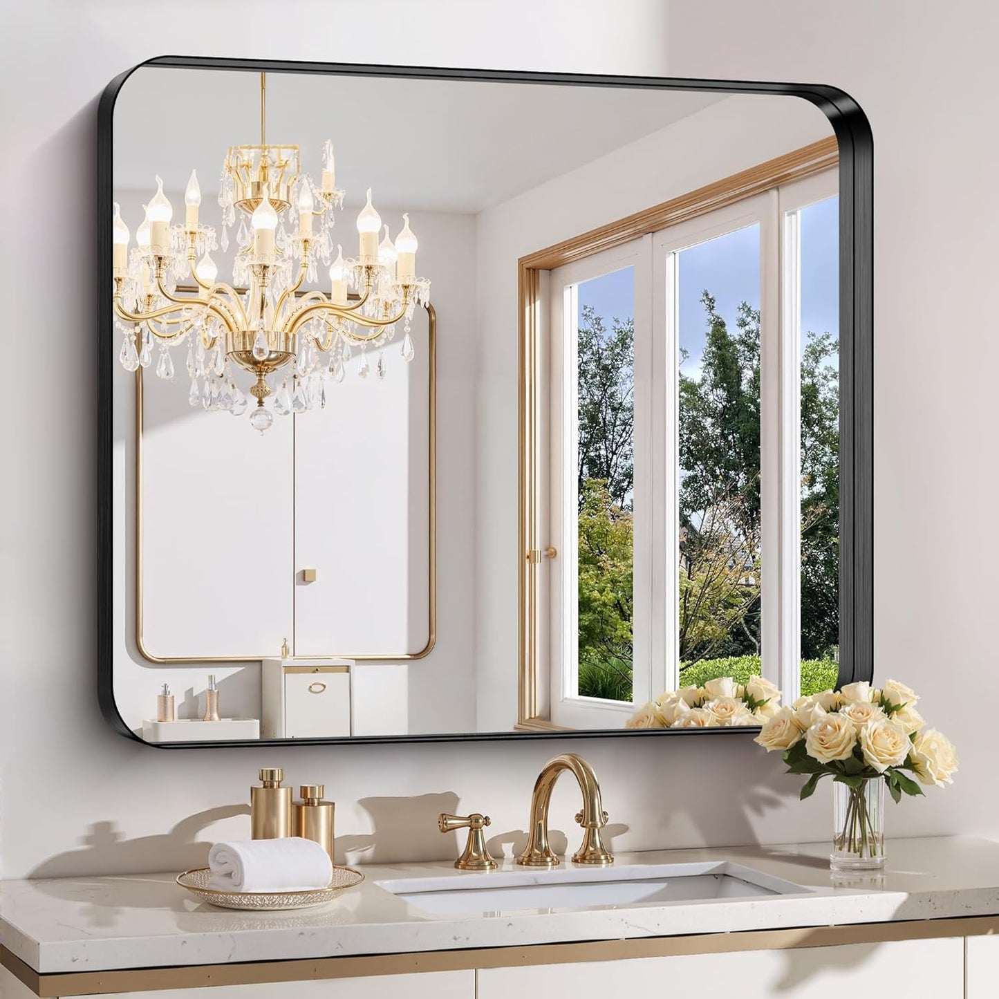 FORBATH 36x40 Inch Bathroom Mirror, Brushed Black Deep Frame Wall Mirror with Rounded Corners, Anti-Rust Tempered Glass for Modern Farmhouse Vanity (Horizontal/Vertical)