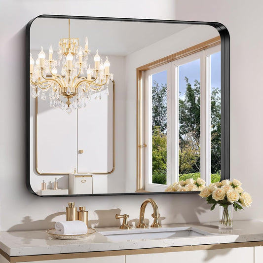 FORBATH 36x40 Inch Bathroom Mirror, Brushed Black Deep Frame Wall Mirror with Rounded Corners, Anti-Rust Tempered Glass for Modern Farmhouse Vanity (Horizontal/Vertical)