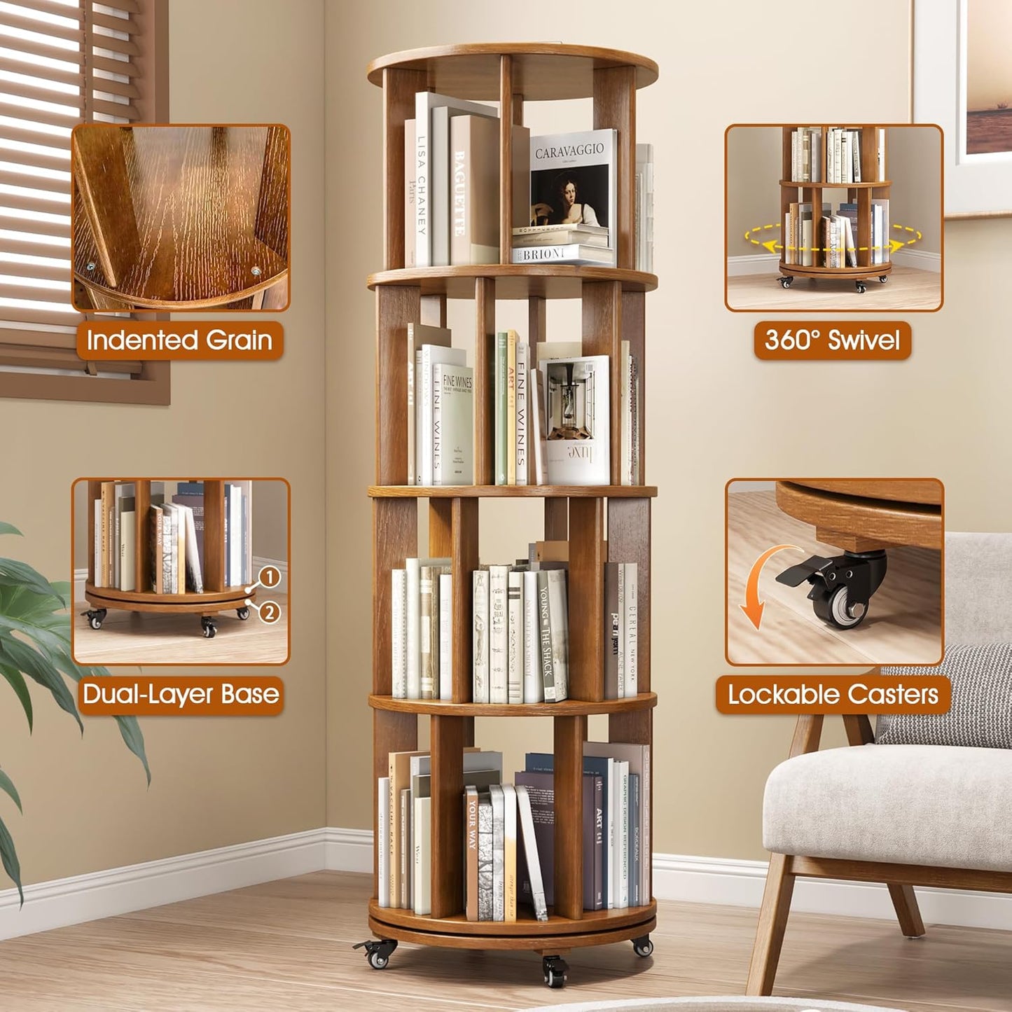 4 Tier Rotating Bookshelf Tower, 360 Spinning Bookcase Carousel with Lockable Wheels, Round Lazy Susan Organizer for Corner Bookshelf, Solid Wood Revolving Bookcase for Kids Room, Bedroom, Living Room