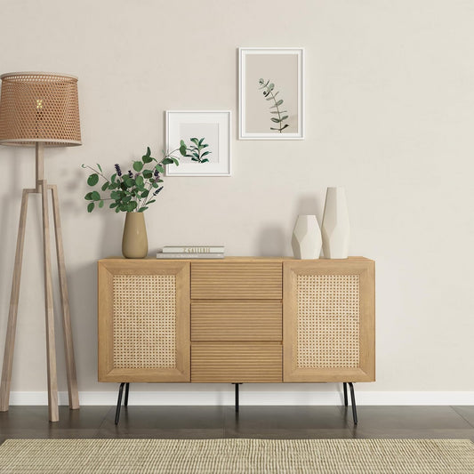 NTC MOSSIC Sideboard with 2 Doors and 3 Drawers, Buffet Cabinet with Natural Rattan and Metal Legs, Modern Storage Cabinet for Living Room, and Hallway, Effortless Assembly, Sand