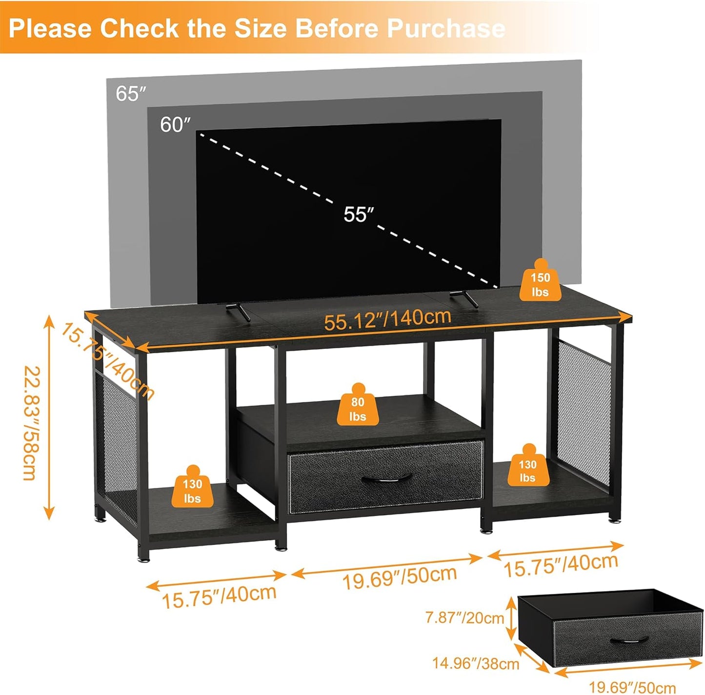 TV Stand with Drawers and Open Storage Shelves for 65 60 55 Inch TV, Entertainment Center with Open Storage Shelves, Industrial Media TV Console Table for Living Room Bedroom Office, Black