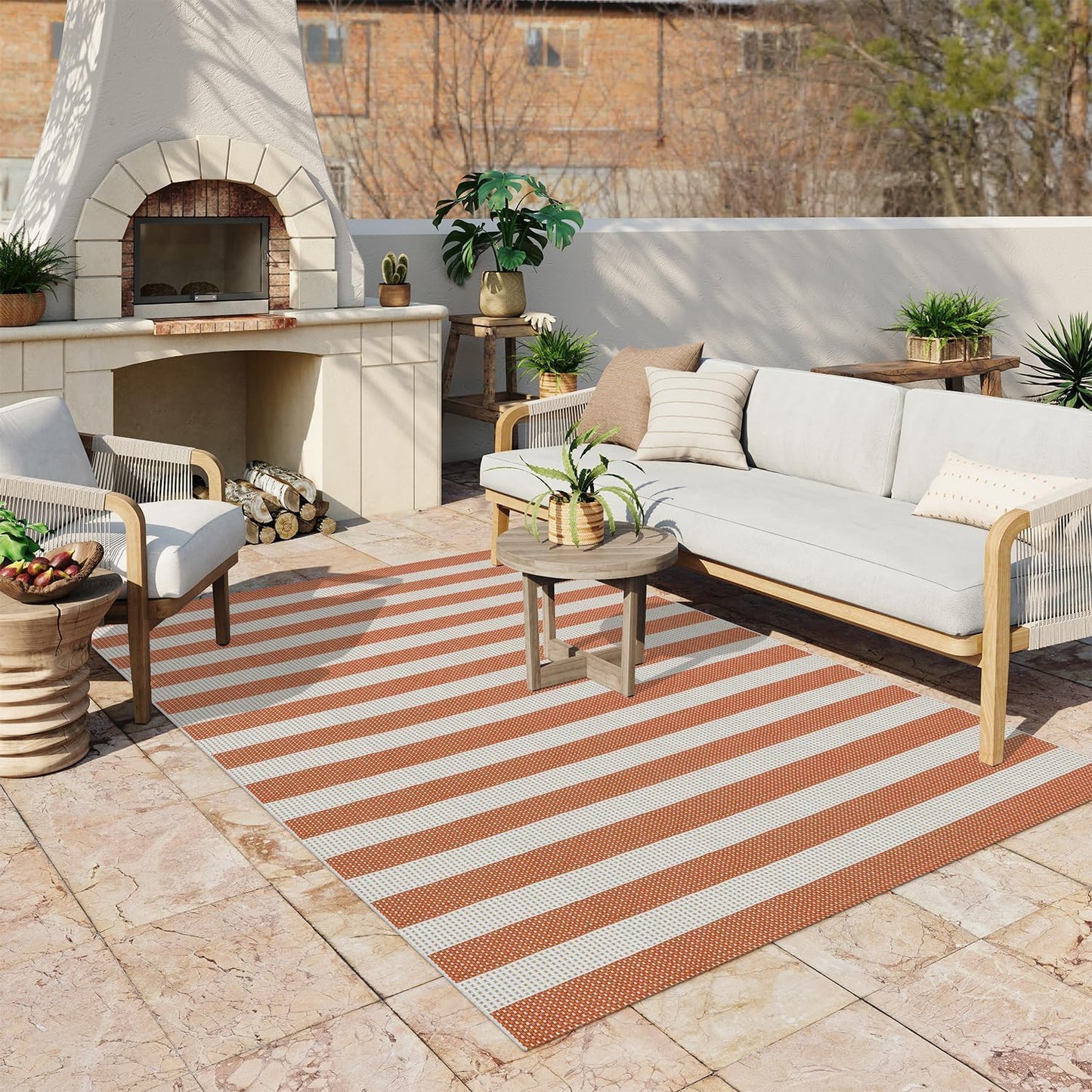 OJIA Outdoor Patio Rug 5'x7', Striped Outdoor Rugs Washable Checkered Area Rugs Cotton Woven Indoor Accent Rugs for Bedroom/Living Room/Front Porch/Deck/Backyard/Camping (Orange/White/Tan)