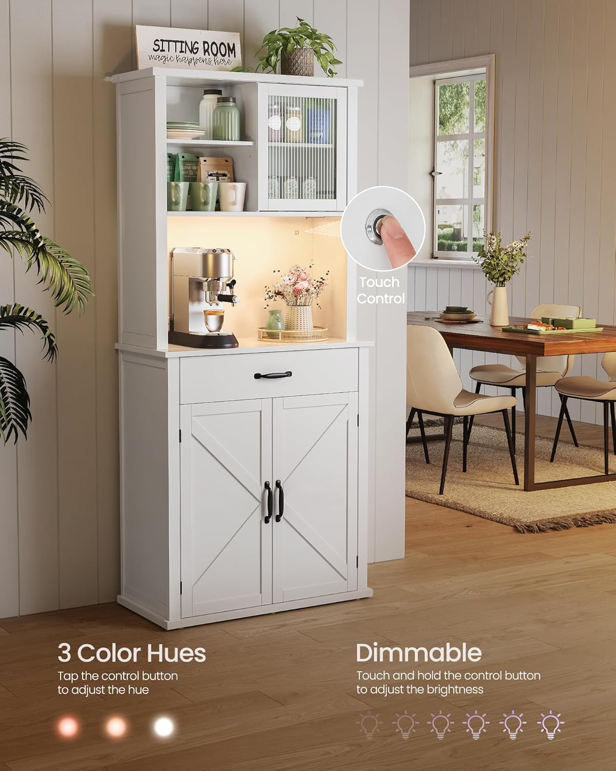 VASAGLE 71" Kitchen Pantry Cabinet with Lights and Charging Station, Coffee Bar Cabinet with Doors and Drawer, Farmhouse Style, Adjustable Shelves, Cloud White UBBK363W11