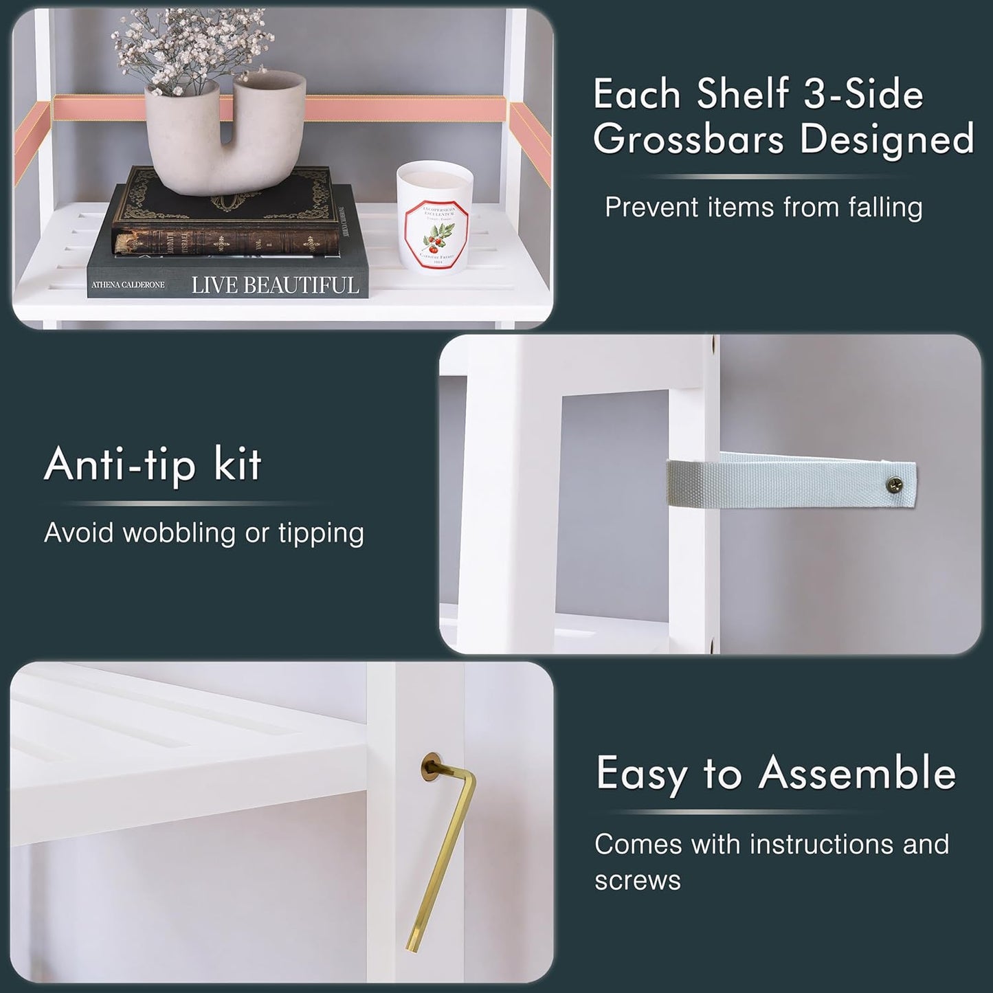 HITNET White Ladder Bookshelf, Leaning Bookcase, 4-Tier Bamboo Shelf, Floor Standing Storage Shelving Unit, Open Display Book Shelves