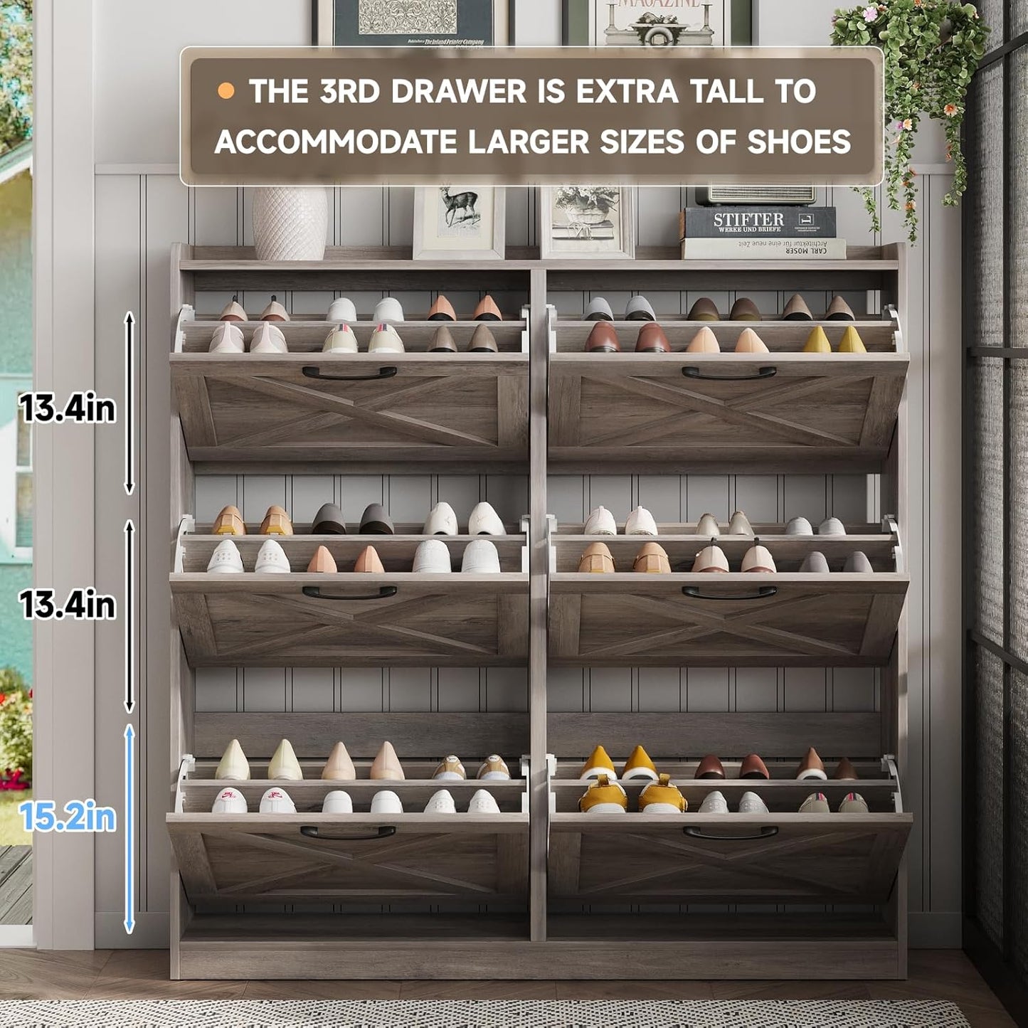 Maupvit Large Shoe Storage Cabinet with 6 Flip Drawers, Freestanding Shoe Organizer with Metal Handles for Entryway, Narrow Shoe Rack Cabinet, Washed Gray