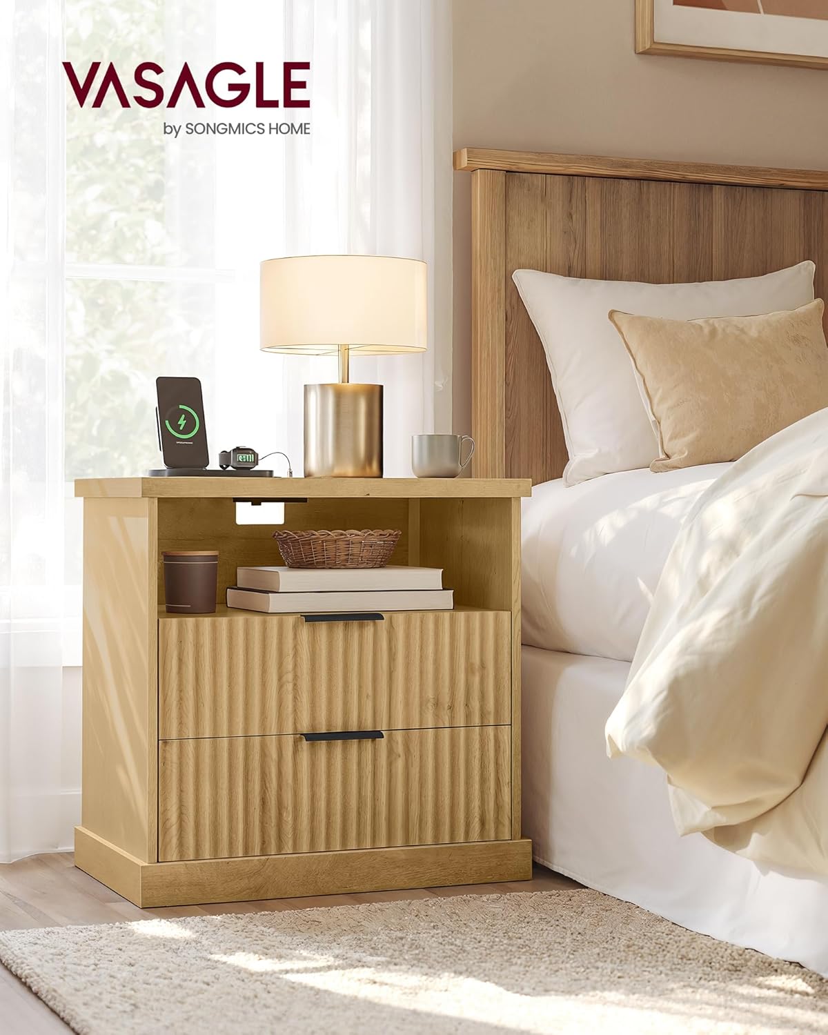 VASAGLE MAXE Collection - Nightstand with Charging Station, Bedside Table, Side End Table with 2 Drawers, Open Shelf, 2 AC Outlets, 2 USB Ports, Transitional, for Bedroom, Oak Beige ULET626Y01S