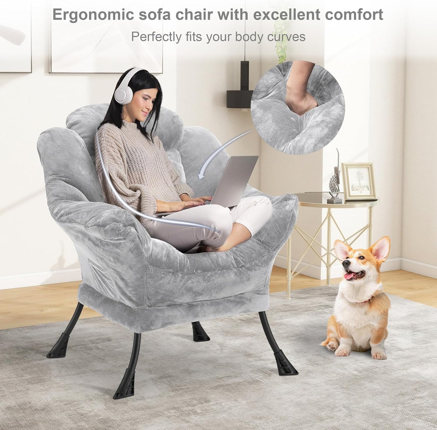 Fabric Lazy Chair for Adults, Oversized Upholstered Sofa Chair, Plush Comfy Lounge Chair with Large Side Storage Pocket, Thick Padded Reading Chair for Living Room, Bedroom, Dorm, Light Gray