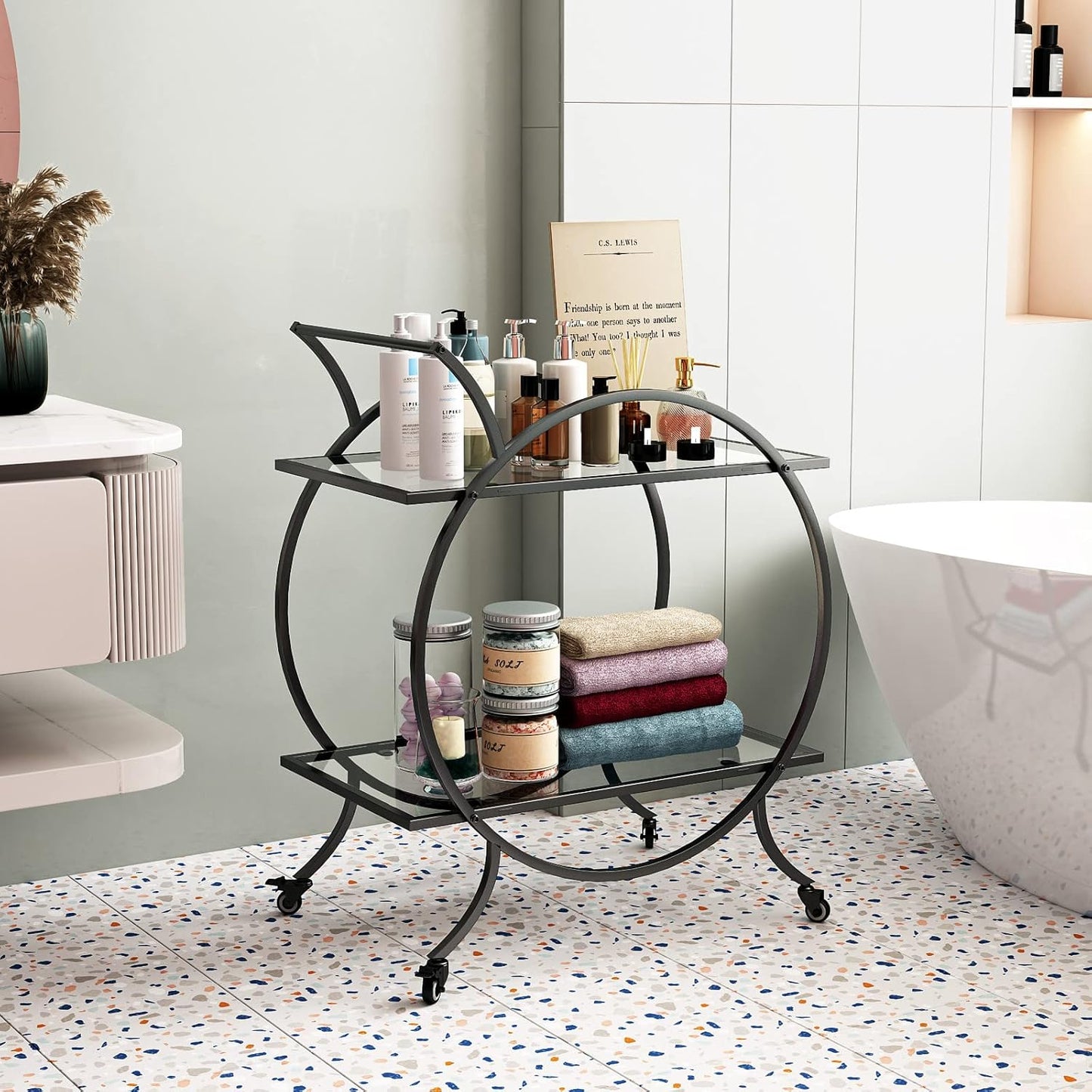 Industrial Bar Carts for The Home Bar Serving Cart, Rolling Bar Cart Black with Lockable Caster Wheels, Glass Bar Carts with 2 Mirrored Shelves, Storage Wine Carts for Kitchen, Party