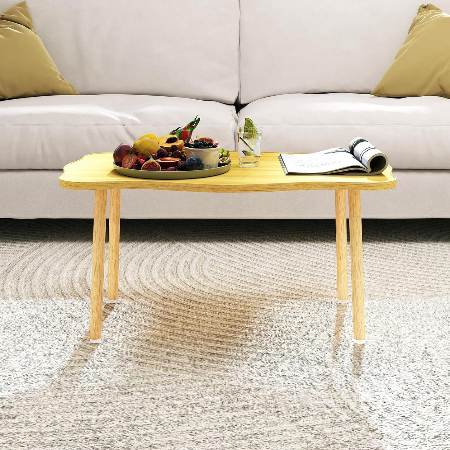 Cookie Coffee Table Low Table with 4 Solid Wood Sturdy Legs, Floor Table Desk for Sitting on The Floor, Storage and Living Room Furniture (Natural)