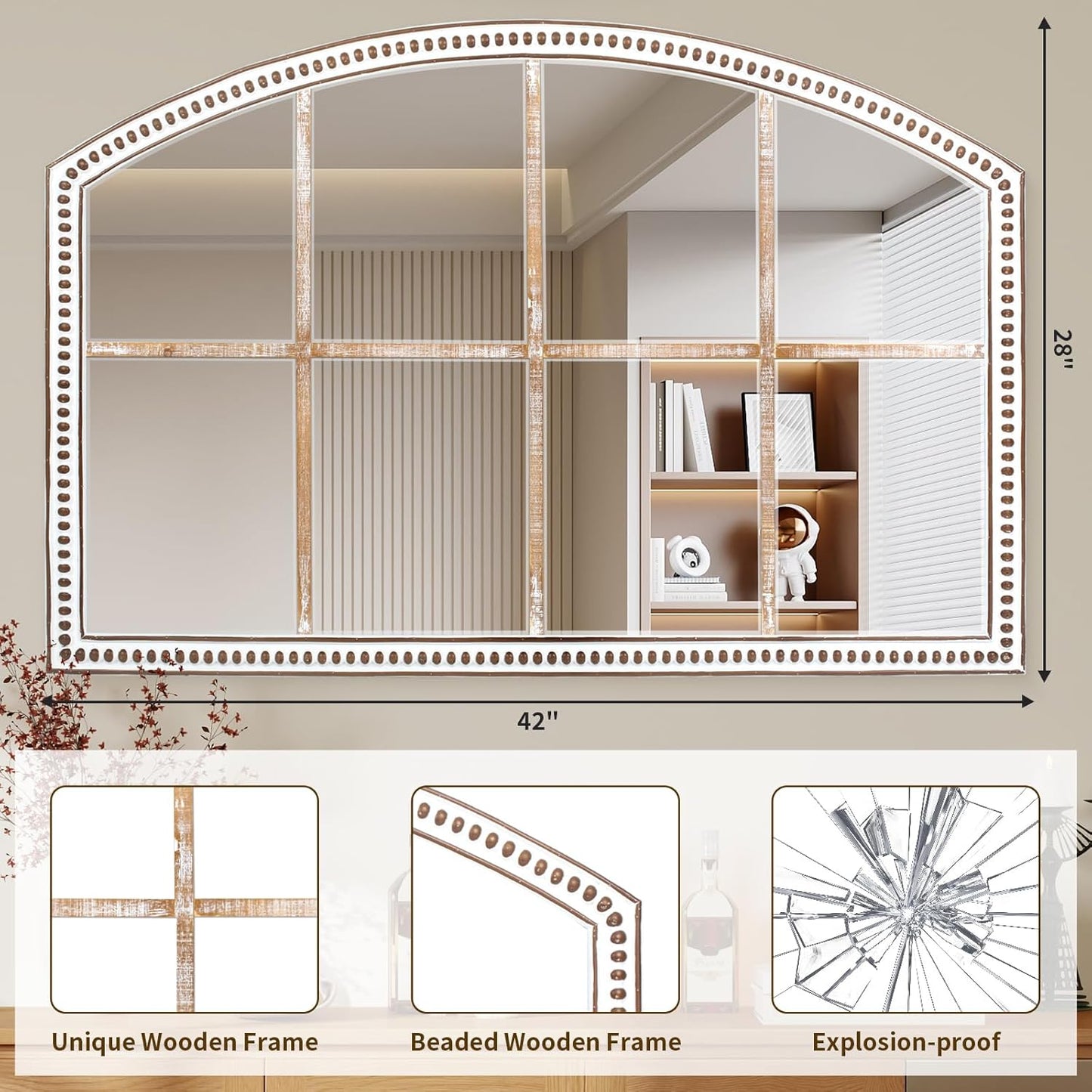 Farmhouse Windowpane Wall Mirror 28x42 Inch, Large Rustic White Wood Mirror Decorative for Living Room, Bedroom, Entryway, Hallway