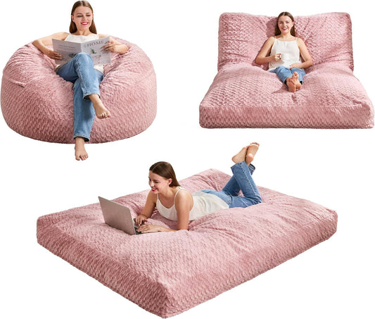 Hobestluk Bean Bag Chair Convertible Beanbag Chairs for Adults, 3 in 1 Bean Bags with Plush Chevron Cover, Adult Bean Bag Chair for Living Room, Bedroom (Pink, Full)