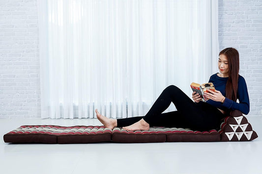 Leewadee Comfortable Japanese Floor Mattress - Thai Floor Bed with Triangle Cushion - Futon Mattress - XL Extra Long Thai Massage Mat, 89 x 20 inches, Brown Red, Kapok Filling