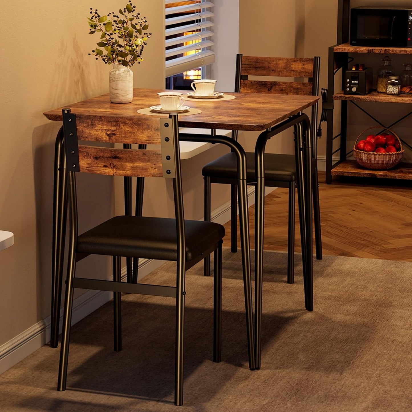 Dining Table for 2, Small Table and Chairs Set of 2, Square Dinette Set for 2, 3 Piece Kitchen & Dining Room Sets for Small Space (Vintage, Table with 2 Upholstered Chairs)