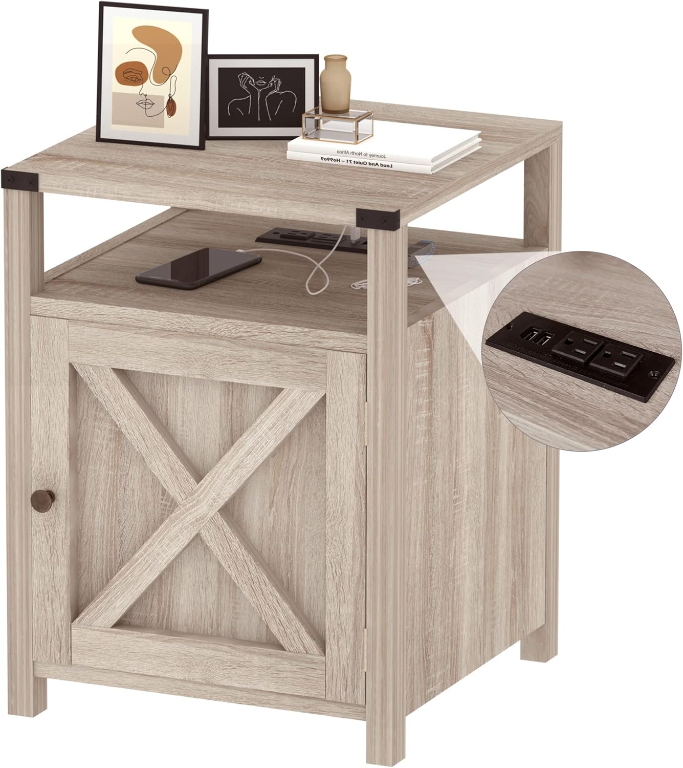 Farmhouse Nightstand with Charging Station, Rustic End Table Bedroom with Storage Living Room Side Table Beige Night Stand Industrial Bedside Bed Table with USB Ports and Outlets