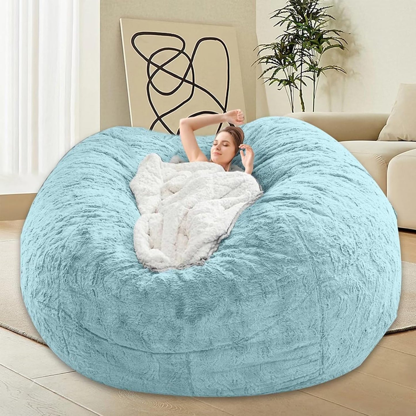 Bean Bag Chair for Adults Kids Without Filler Comfy Giant Round Lazy Sofa Chair Cover Floor Chair Cover for Bedroom Living Room, 7FT, Light Blue