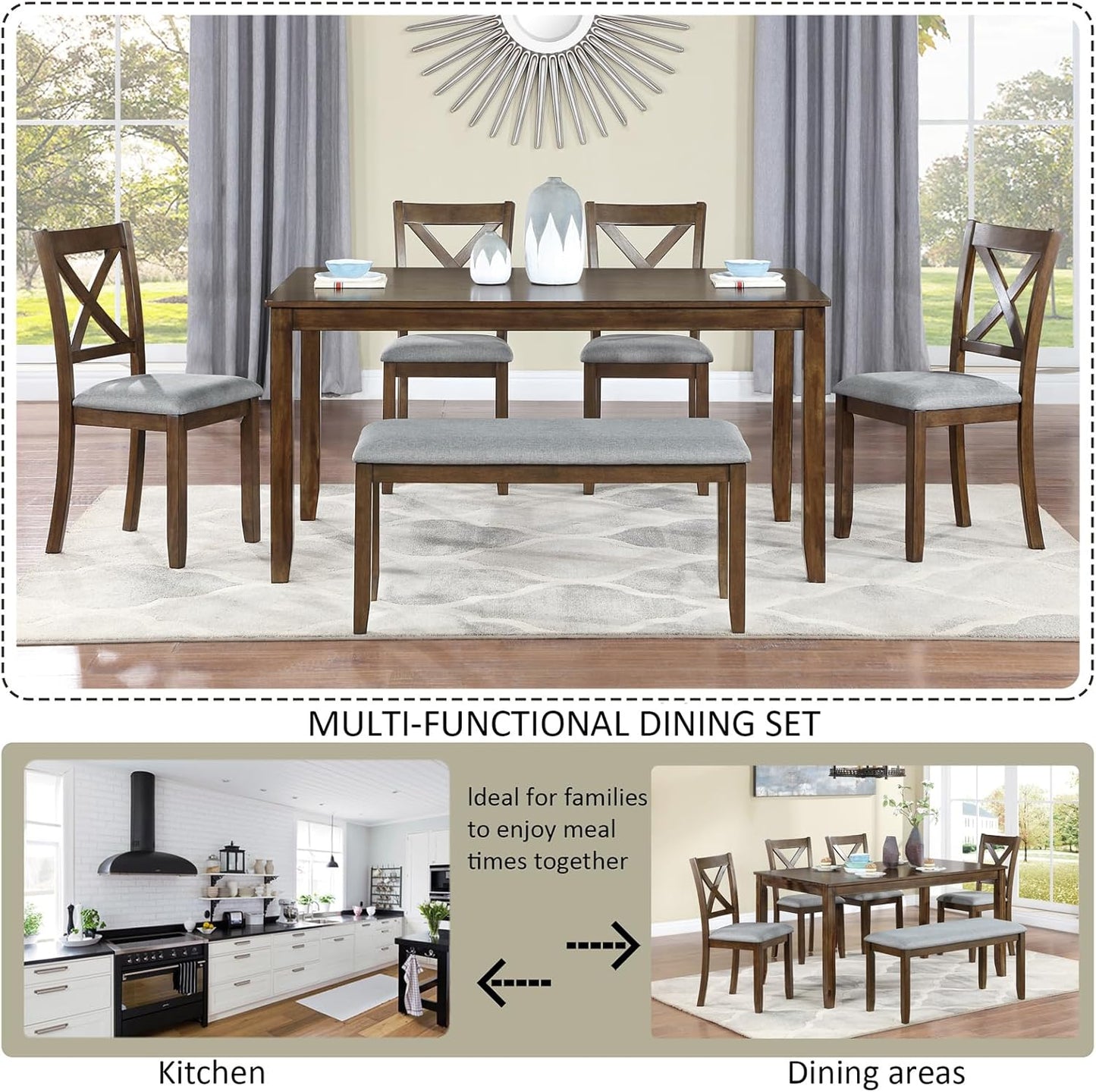 soges 6 Piece Kitchen Dining Set, Rectangular Wooden Dining Table with 4 Upholstered Chairs and a Bench, Dining Table Set for 6 People, Living Room, Home Bar and Kitchen, Walnut