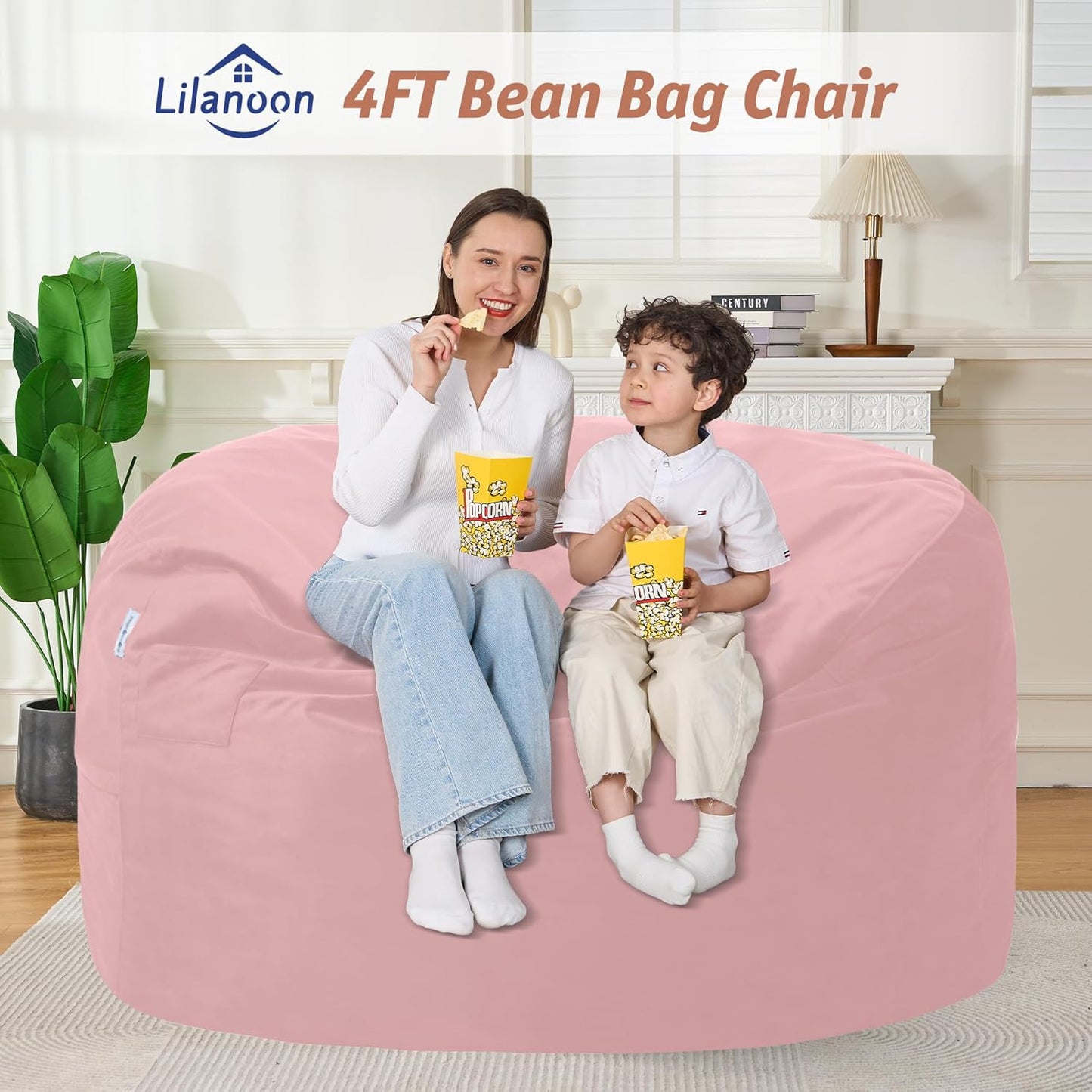 4FT Bean Bag Chair with Ultra Soft Velvet Cover Bean Bag Sofa with Memory Foam Bean Bag Chairs with Large Size Lazy Sofa for Dorm Office Living Room Bedroom Light Pink 4'