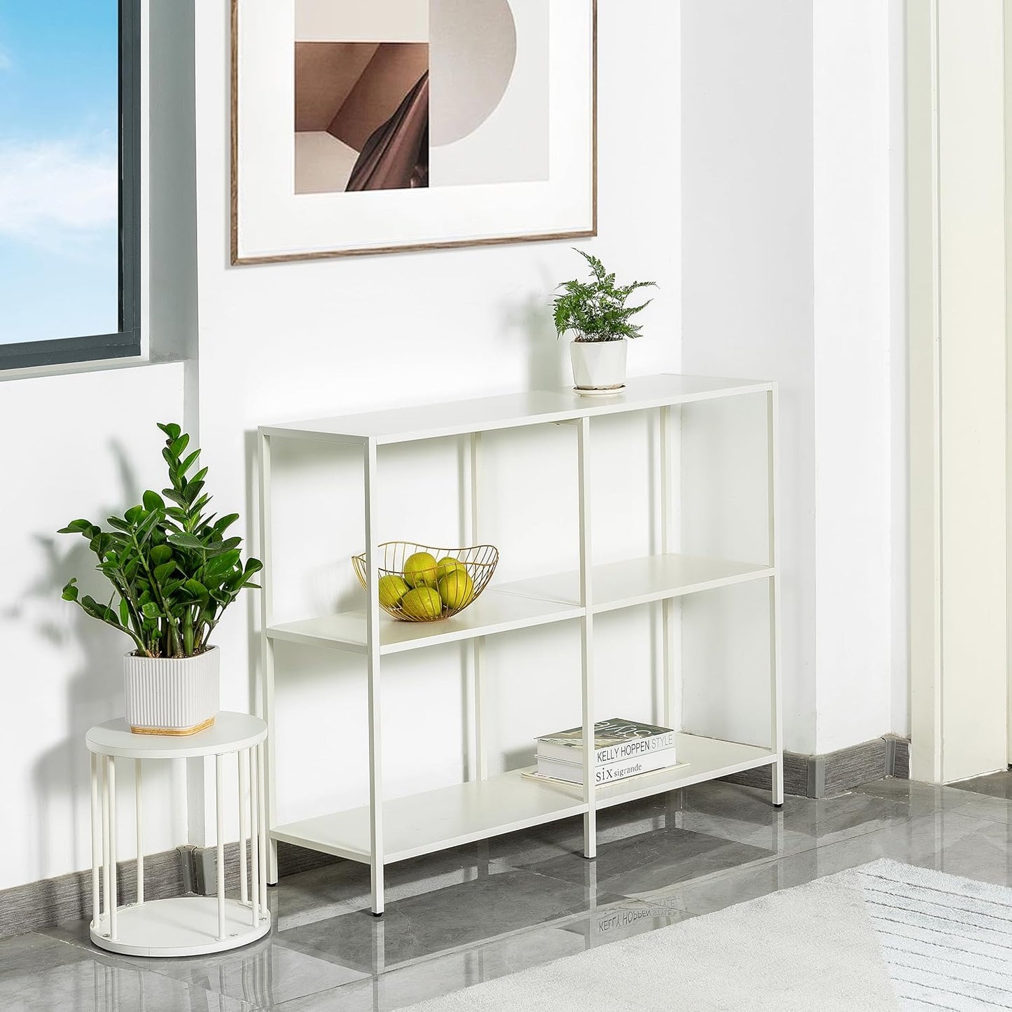 HDANI 39.4 Inch Metal Console Table with 3 Tier Strage Shelves,Narrow Entryway Table,Modern Sofa Tables for Entryway, Living Room,Bedroom,White