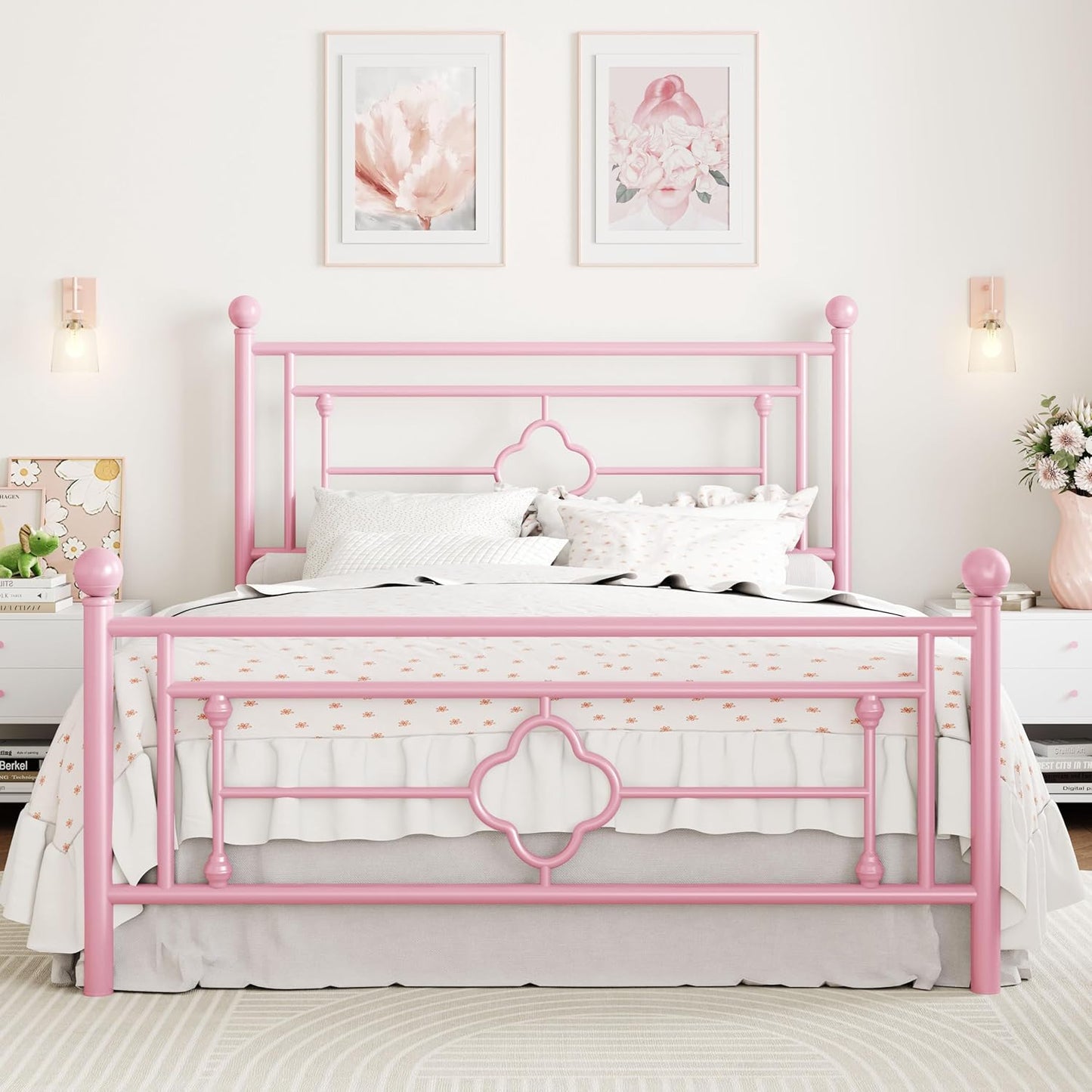 SHA CERLIN 14 Inches Queen Size Metal Platform Bed Frame/Vintage Iron-Art Headboard and Footboard/Mattress Foundation for Storage/No Box Spring Needed/Noise-Free/Easy Assembly/Pink