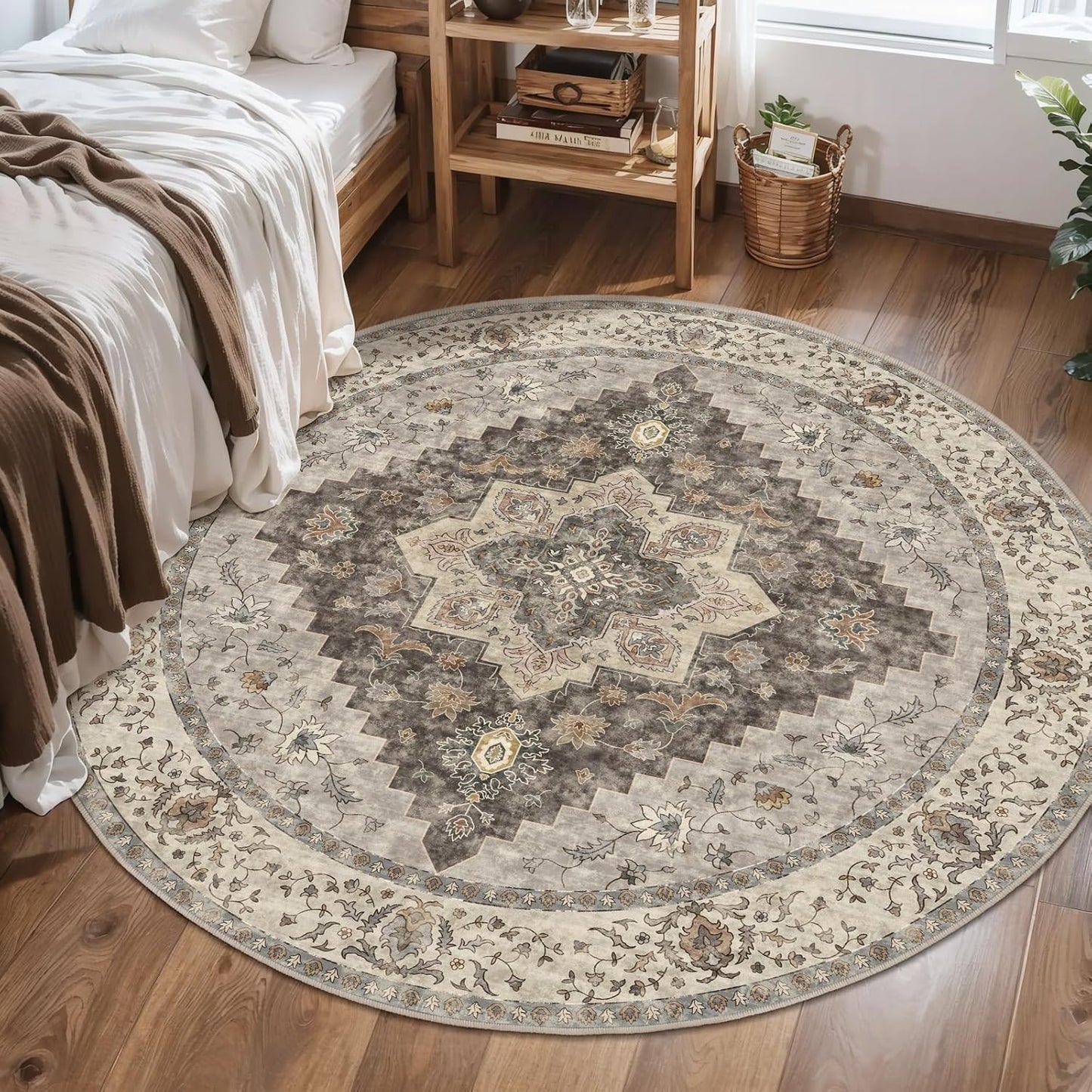Tangsoo Vintage Round Rug 4ft Washable Circle Rug, Non Slip Small Boho Round Rug, Low Pile Circular Rugs, Round Carpet for Bedroom,Entryway,Nursery,Dorm,Kitchen,Brown/Grey