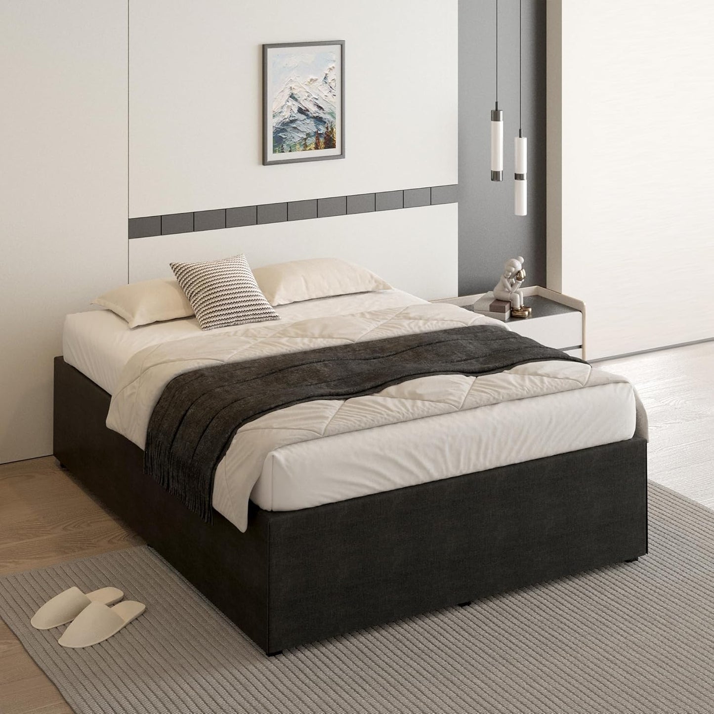 18 Inch Queen Bed Frame with Black Bed Cover, Metal Bed Frames Queen Size No Box Spring Needed, Heavy Duty Mattress Foundation, Easy Assembly, Noise Free