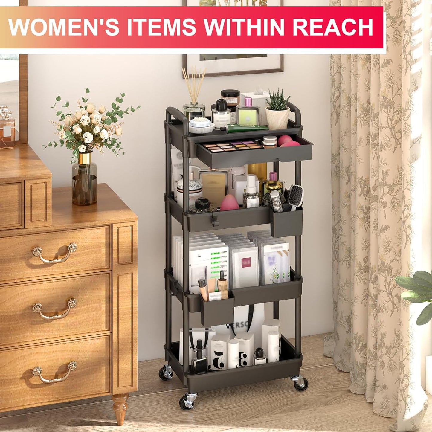 Goovilla 4 Tier Rolling Utility Cart Organizer with Removable Drawer, Stable and Sturdy Black Rolling Storage Carts with 2 Lockable Wheels for Bathroom, Kitchen, Snack, Craft, Makeup, Baby Essentials