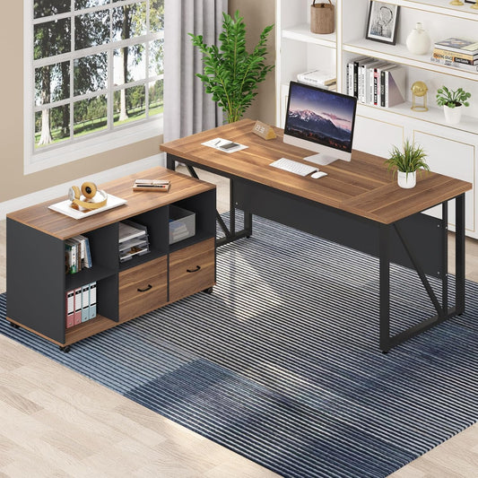Tribesigns 63-Inch Executive Desk with 47-Inch Mobile File Cabinet, Large Home Office Desk with Drawers and Storage Shelves, L-Shaped Computer Desk Workstation Business Furniture, Walnut & Gray
