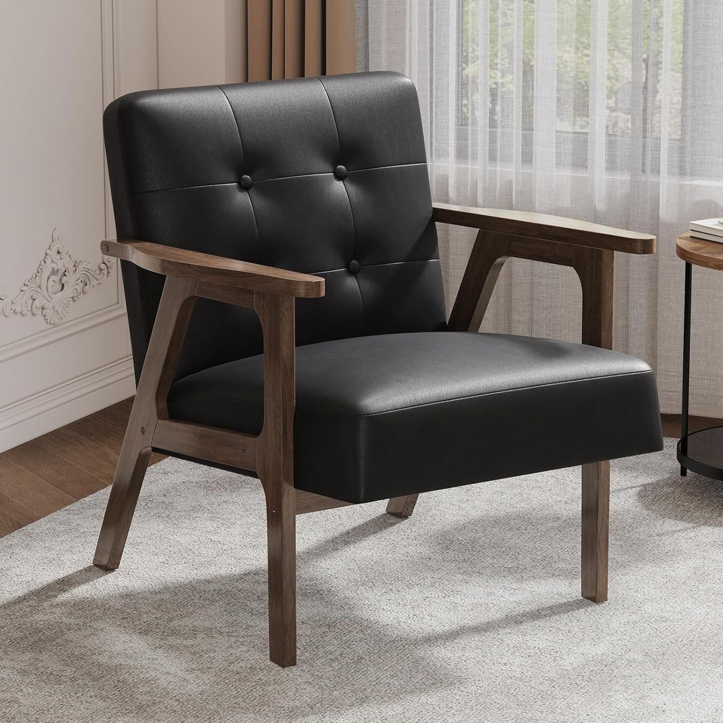 Casaottima PU Leather Accent Chair Mid Century Comfy Cozy Chair with Solid Wood Legs,Modern Arm Reading Chair with Button Tufted Back for Living Room Bedroom (Dark Black)