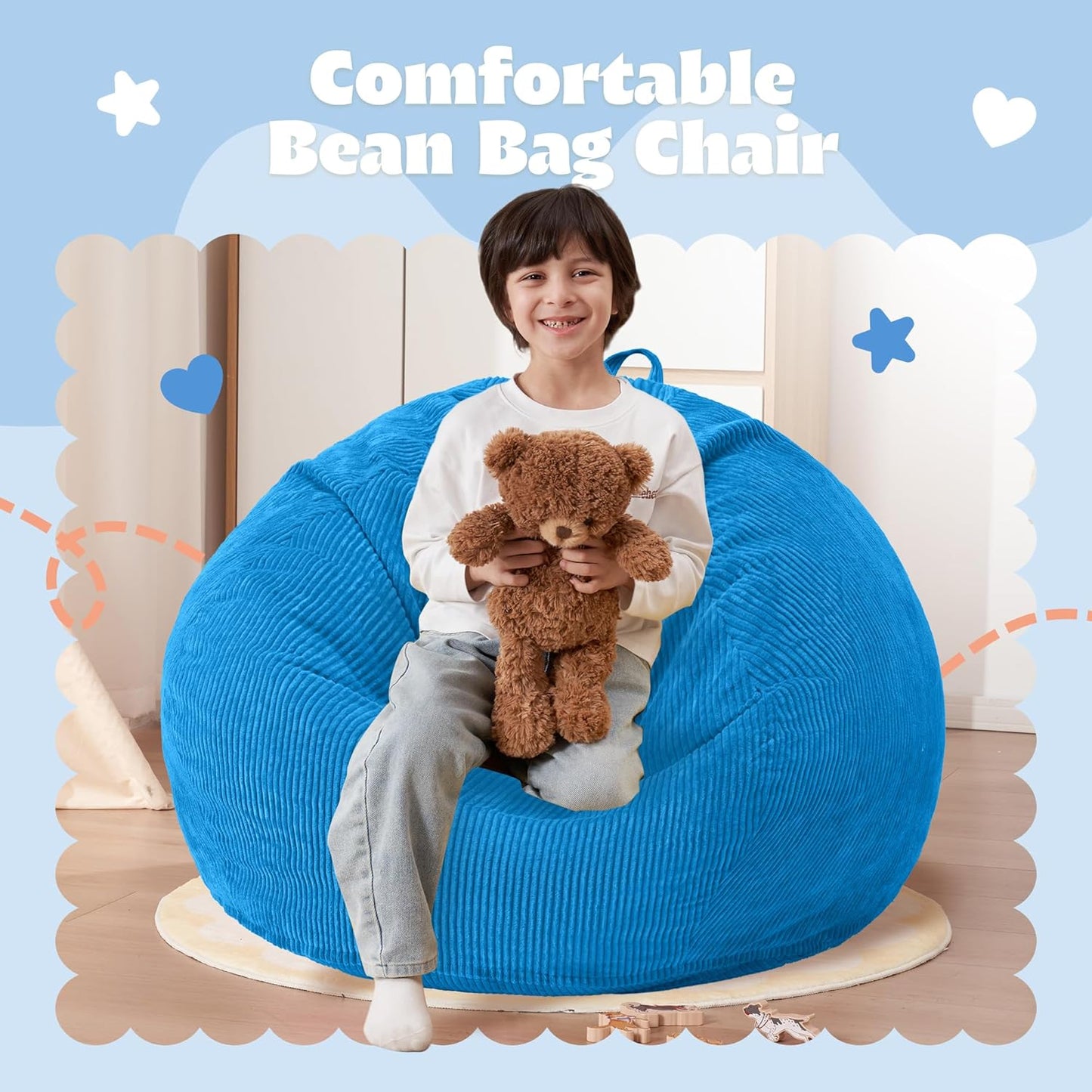 HABUTWAY 2 FT Bean Bag Chair,Giant Bean Bag Chairs,Big Bean Bags with Memory Foam Filled, Large Beanbag Chairs with Soft Corduroy Cover-Blue
