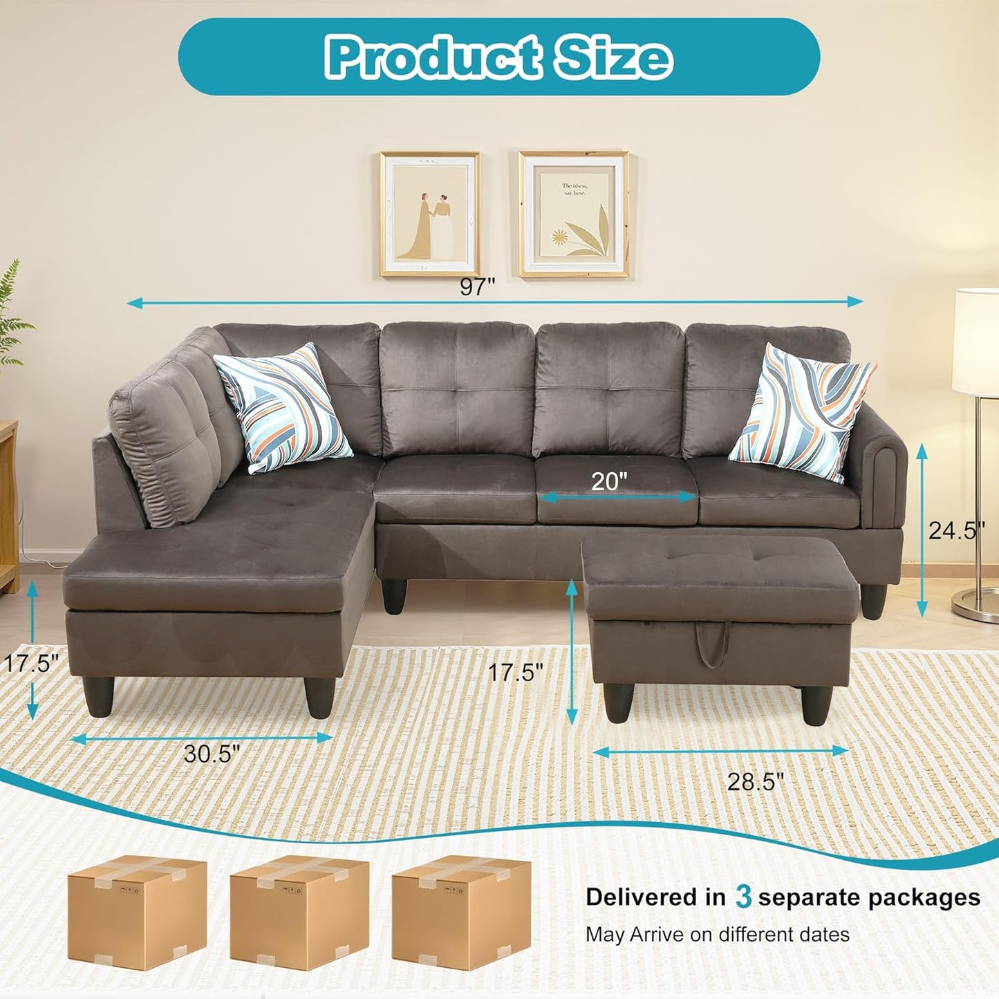 L Shaped Couch Modern Sectional Couch Upholstered Flannel Fabric 3 Pieces Sofas for Living Room with Chaise, Storage Ottoman for Office and Small Apartment, Dark Brown