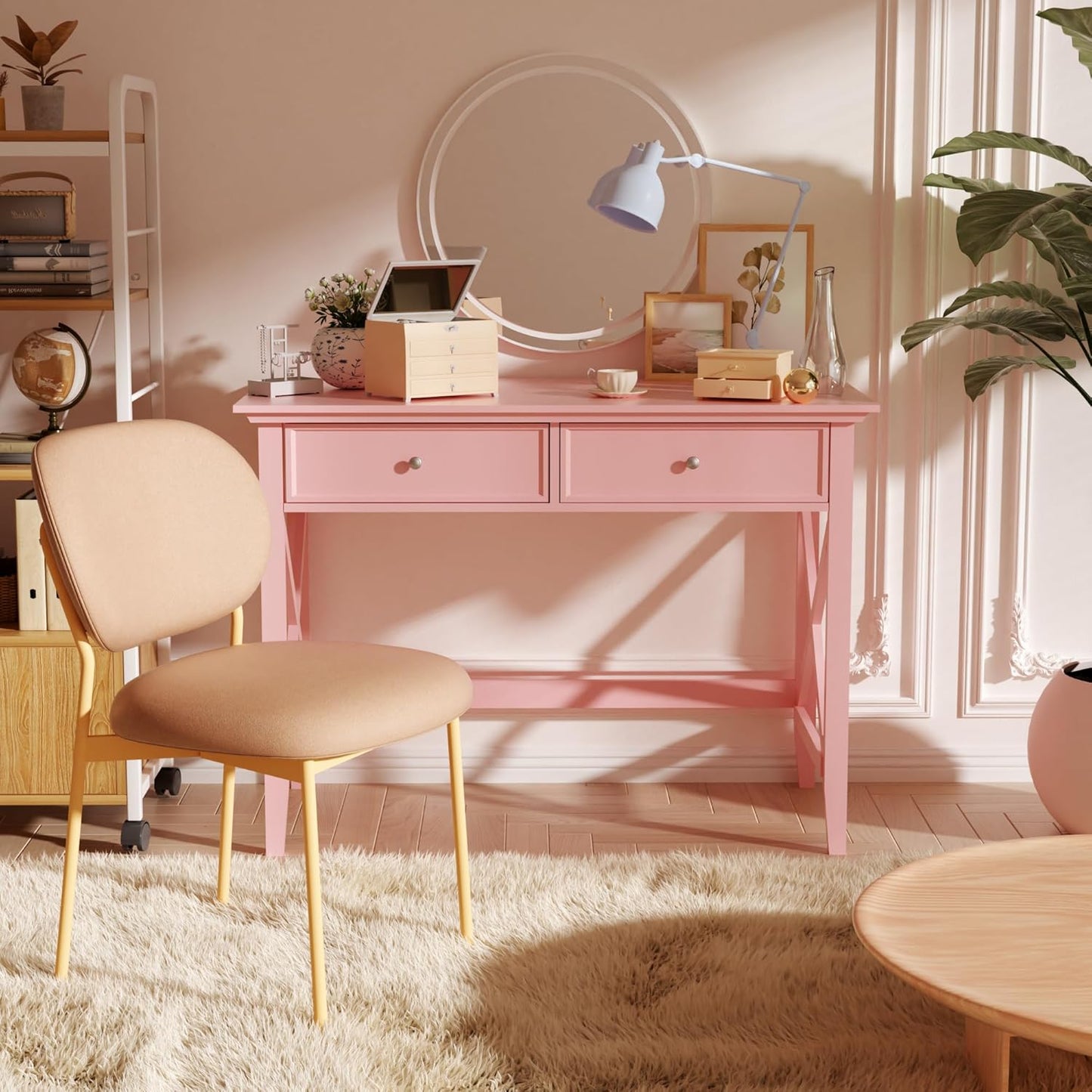 Writing Computer Desk with Drawers, Cute Modern Table for Bedrooms, Pink Vanity Table Office Desk with Drawers, Home Computer Desk for Girls Living Room Entryway, Pink