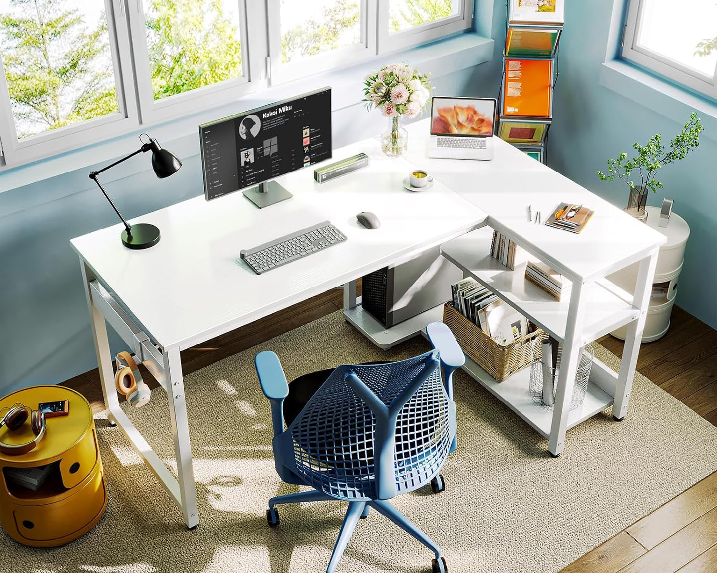 Casaottima L Shaped Computer Desk, 48 Inch Small Corner Desk with Storage Shelves & PC Stand, Reversible Gaming Desk for Bedroom, Modern Writing Study Table for Home Office, White